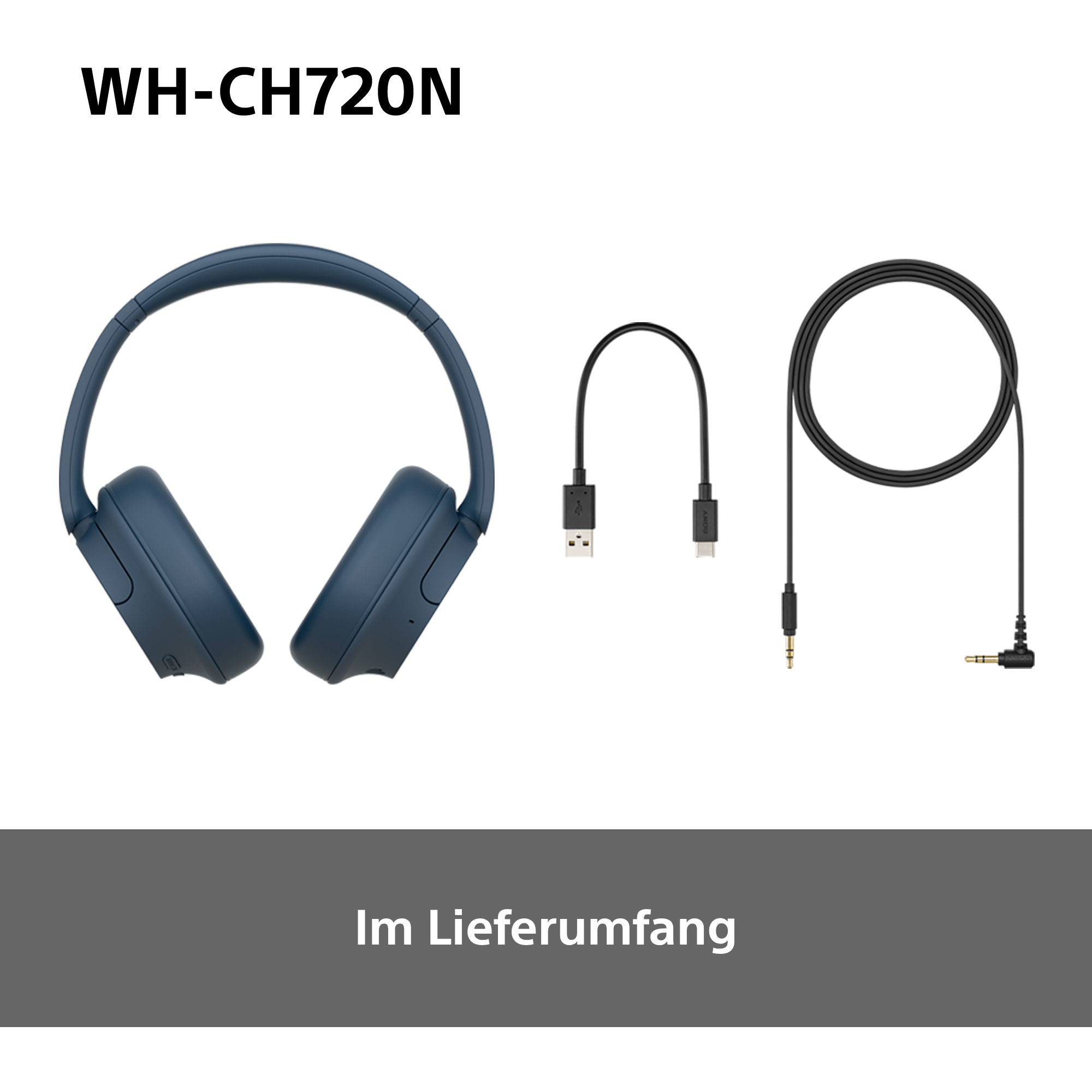 Kopfhörer und Ladekabel liegen auf einer weißen Oberfläche mit einem dunkelgrauen Balken darunter.