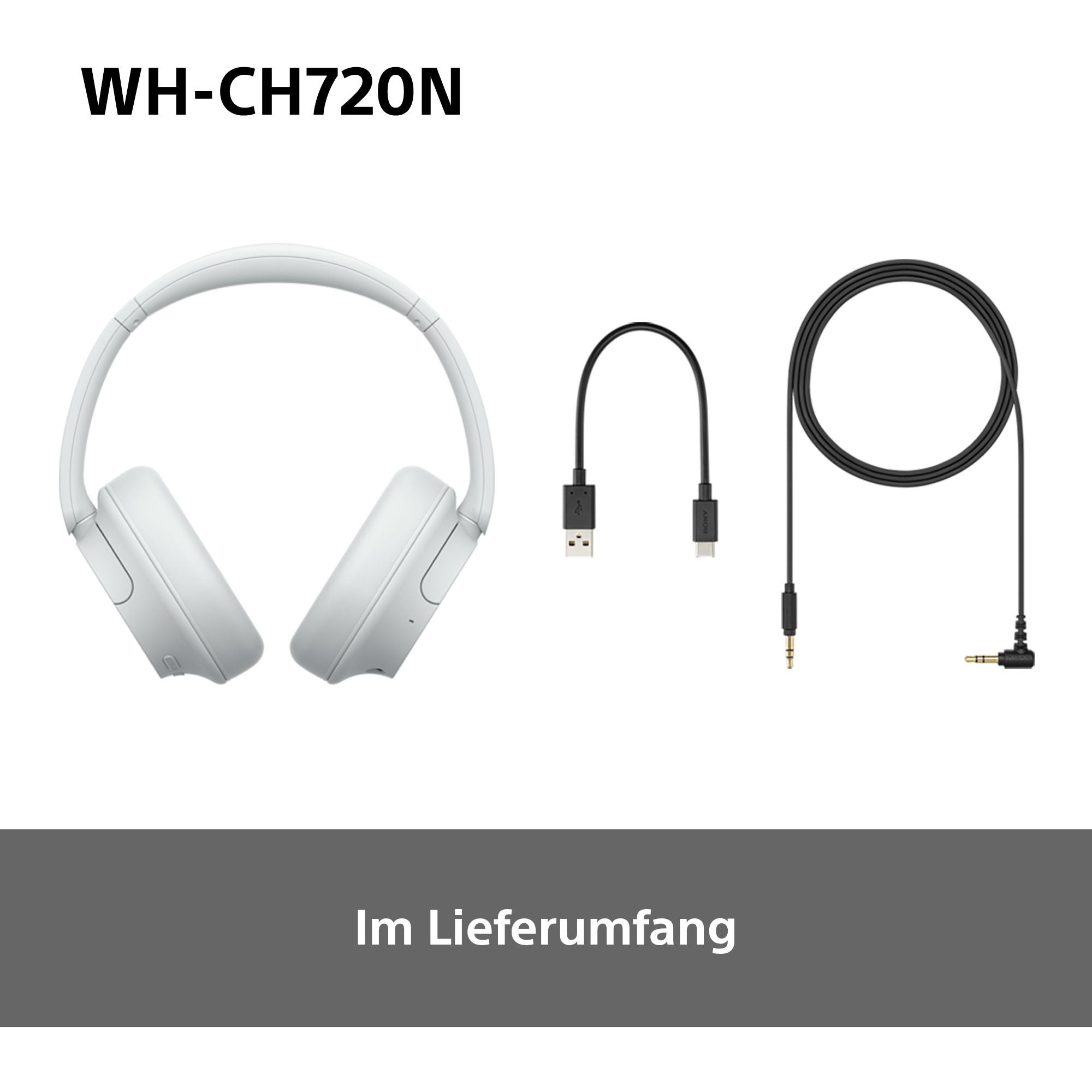 Weiße Kopfhörer und Zubehör mit einem schwarzen Ladekabel.