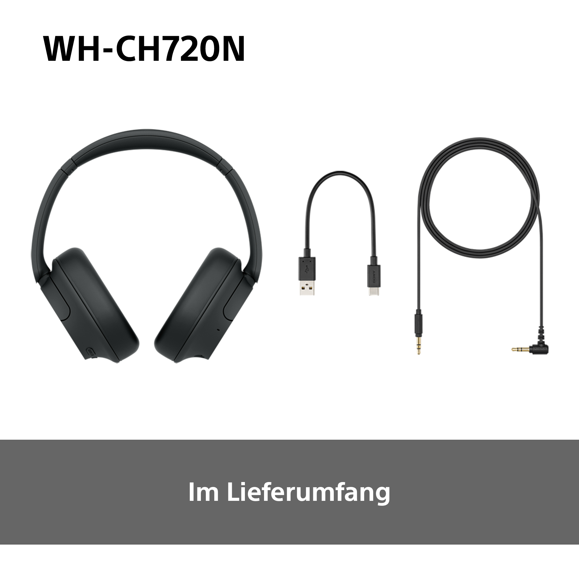 Schwarze Kopfhörer und Ladekabel auf weißem Hintergrund dargestellt.