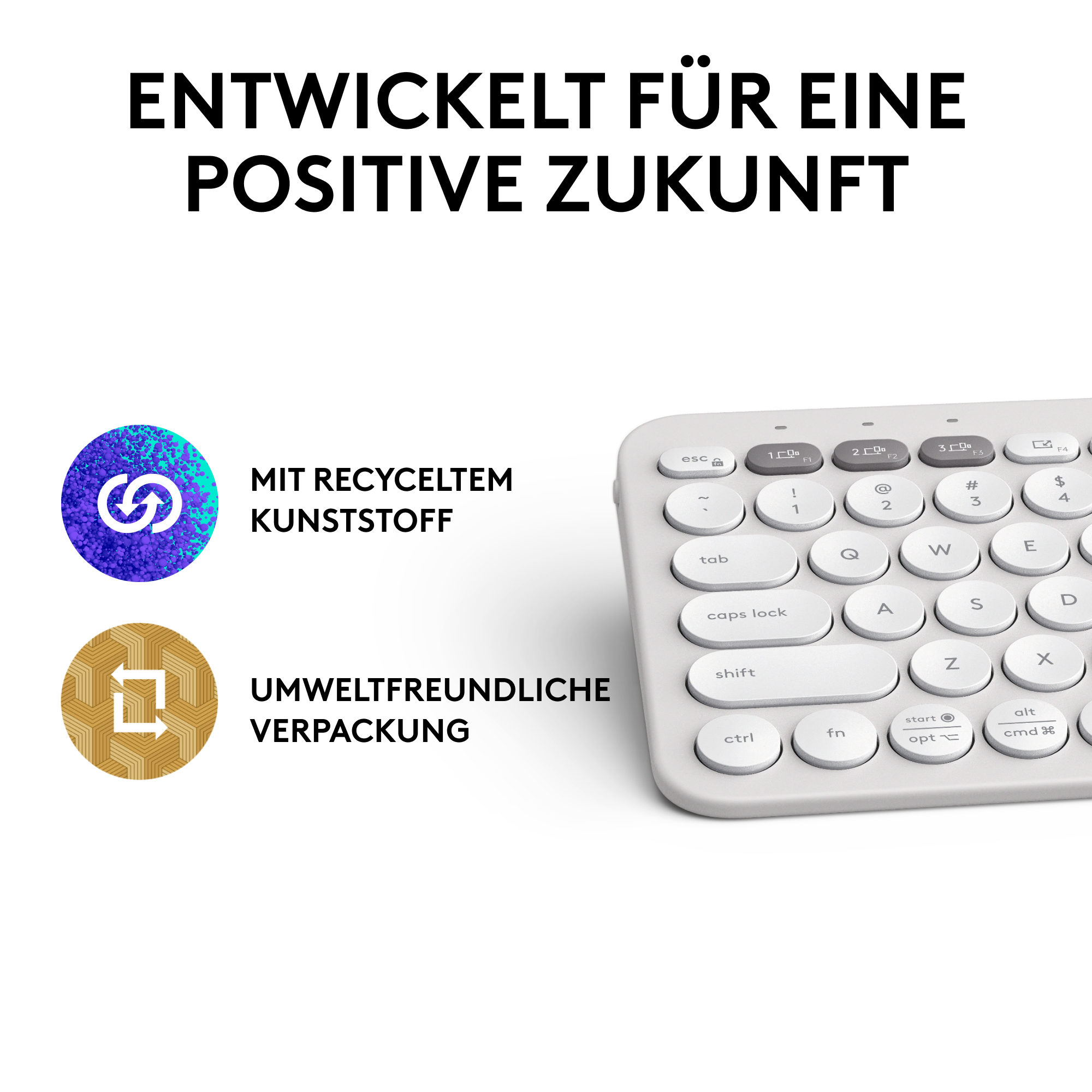 Tastatur mit weißen Tasten, zwei Symbolen und dem Text: entwickelt für eine positive Zukunft.