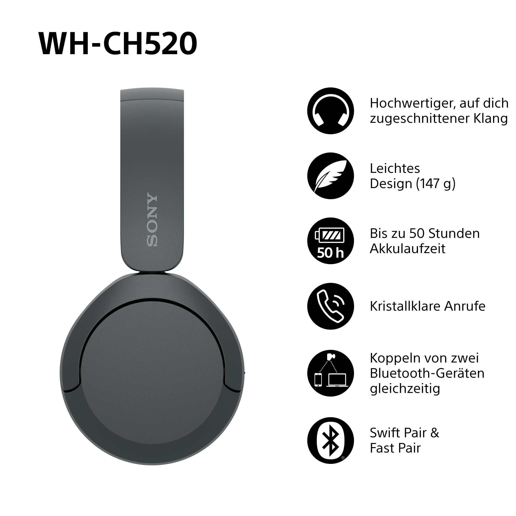 Graue Kopfhörer mit Symbolen, die Funktionen zeigen: 50-Stunden-Akku, klare Anrufe und Bluetooth.