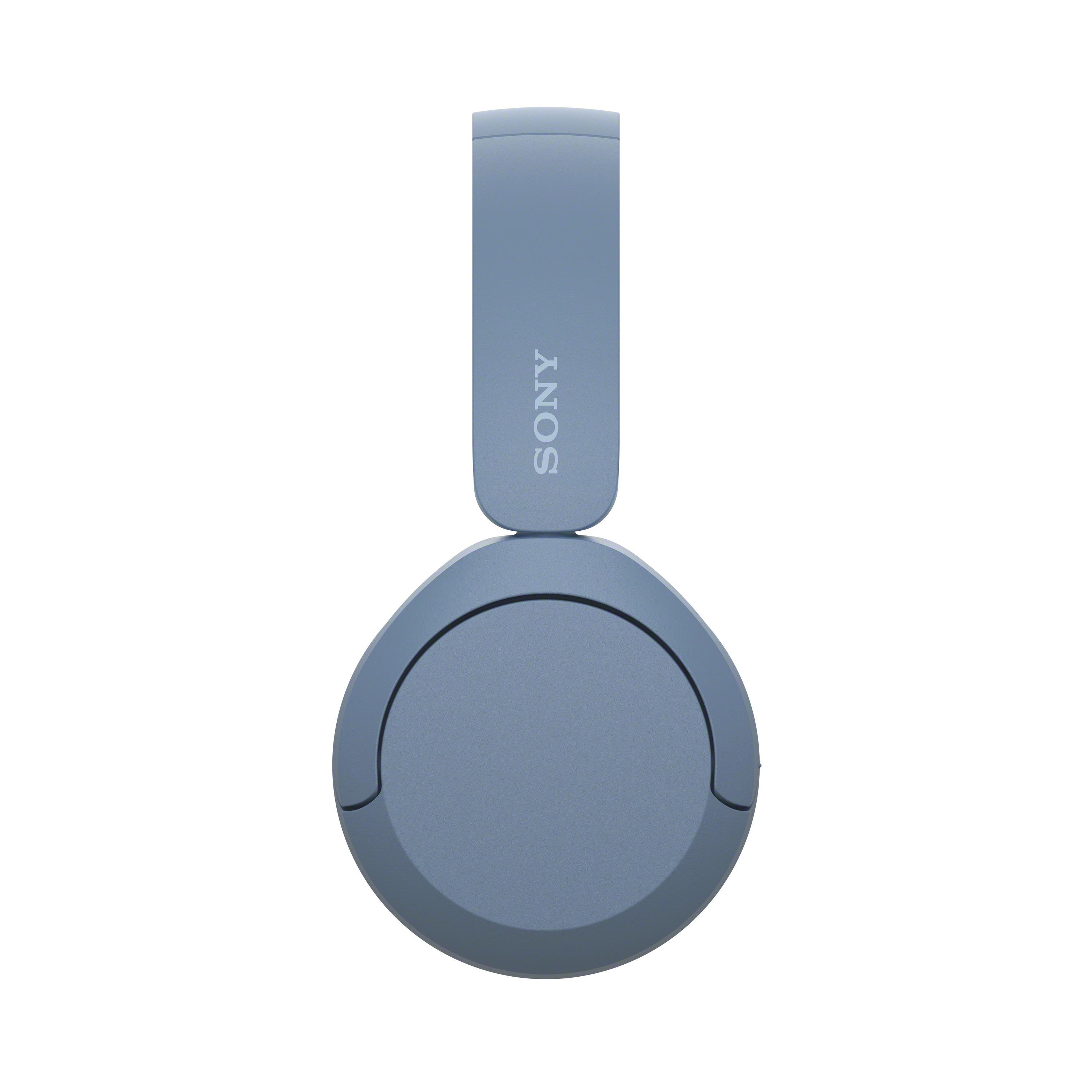 Blaue Sony-Kopfhörer mit Markennamen auf dem Kopfband.