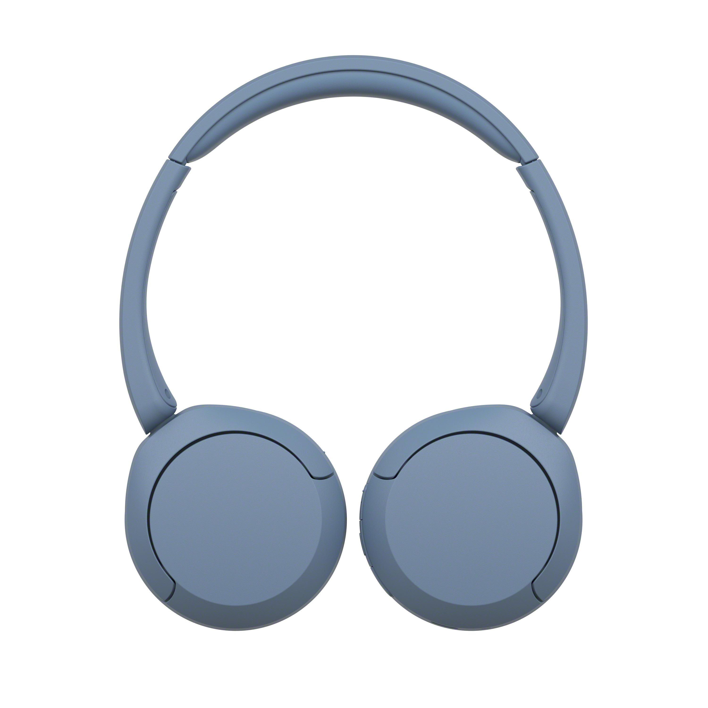 Hellblaue Over-Ear-Kopfhörer, kreisförmige Ohrmuscheln und ein gebogenes Kopfband.