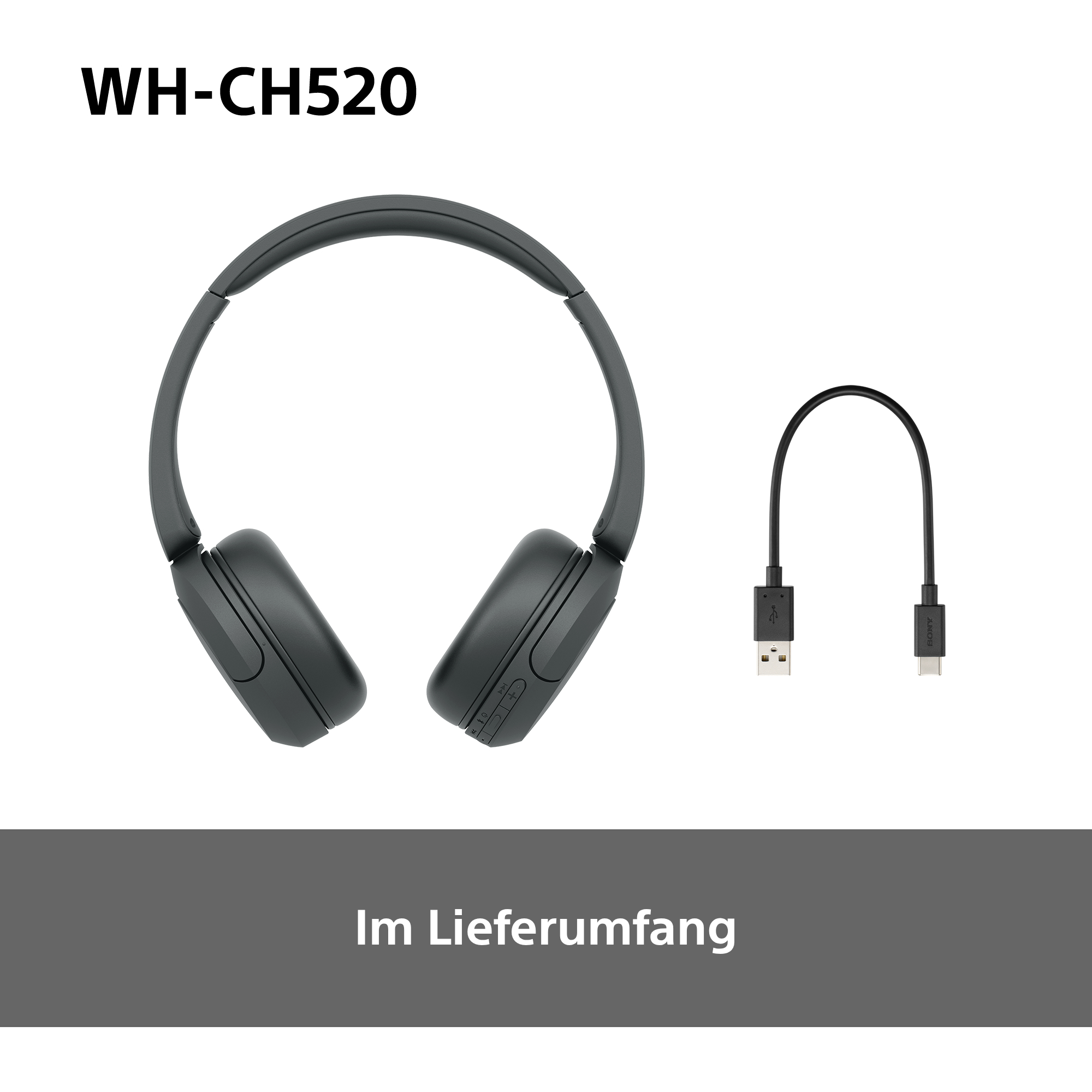 Dunkelgraue Kopfhörer und ein USB-Kabel. Text: WH-CH520. Im Lieferumfang.