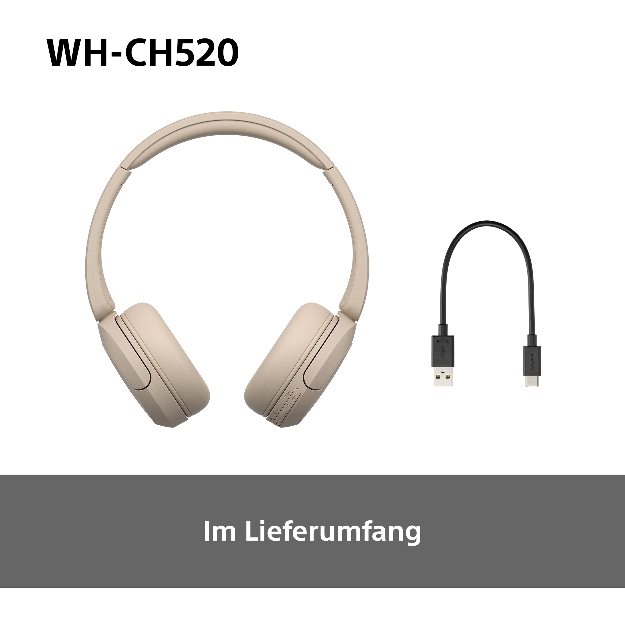 Kopfhörer und ein USB-Kabel auf weißem Hintergrund mit Text darunter.