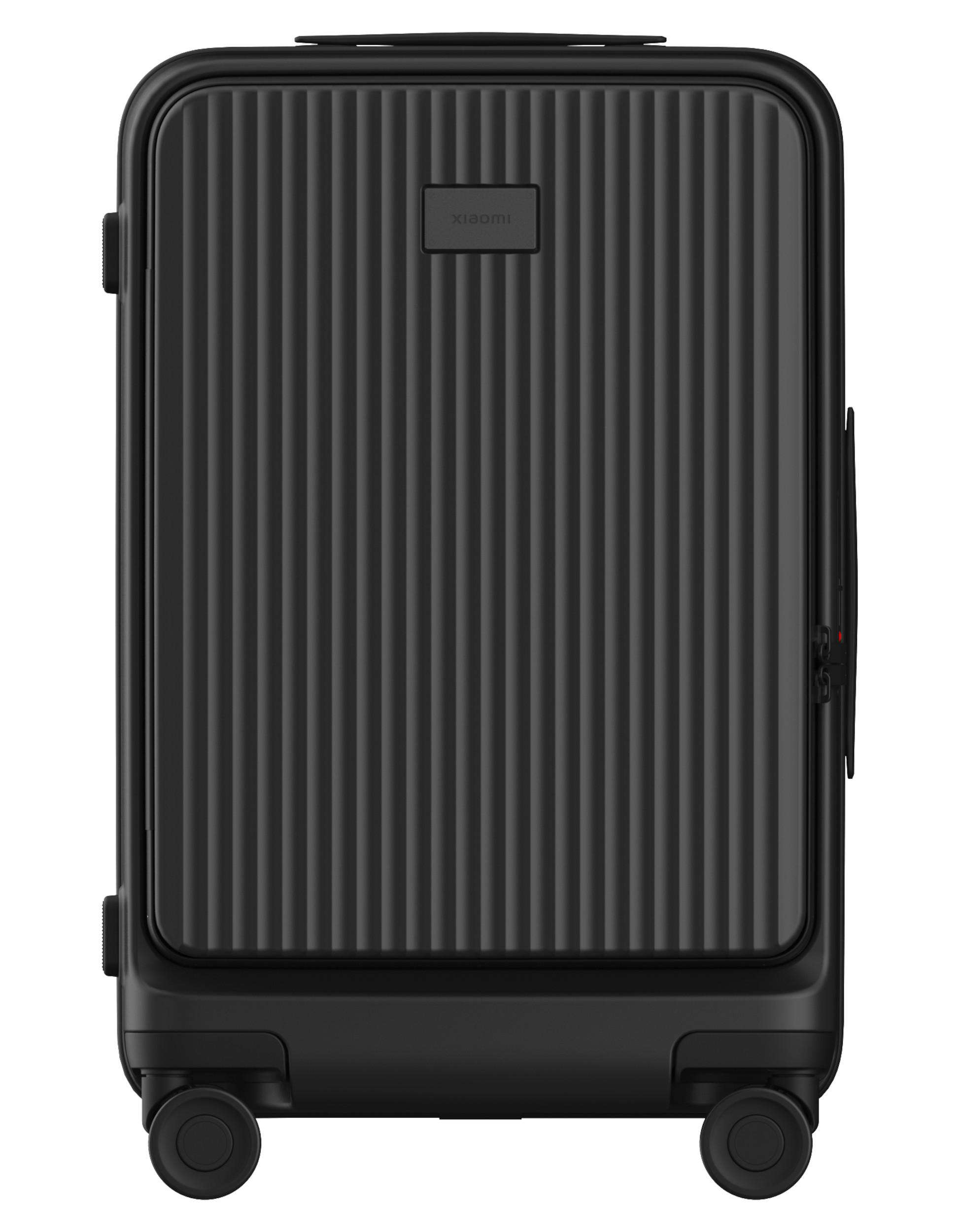 Schwarzer Koffer mit geripptem Design. Das Xiaomi-Logo befindet sich oben in der Mitte.