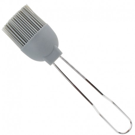 Brocha de silicona gris con mango metálico plateado, sobre fondo blanco.