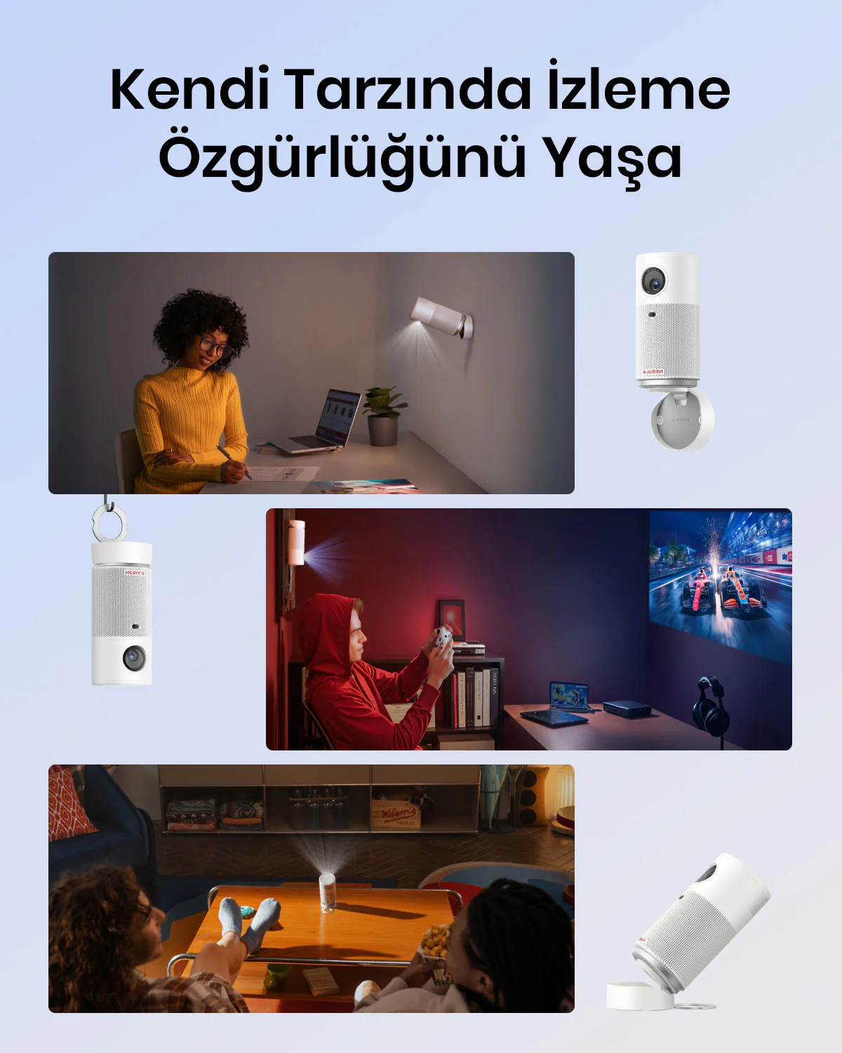 Projektör, ofis, oyun ve ev eğlencesi ortamları dahil olmak üzere çeşitli sahnelerde gösteriliyor.