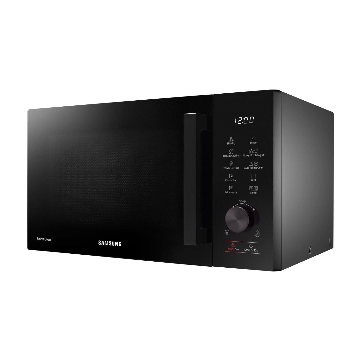 Forno a microonde nero con pulsanti e maniglia. Logo Smart Oven visibile.