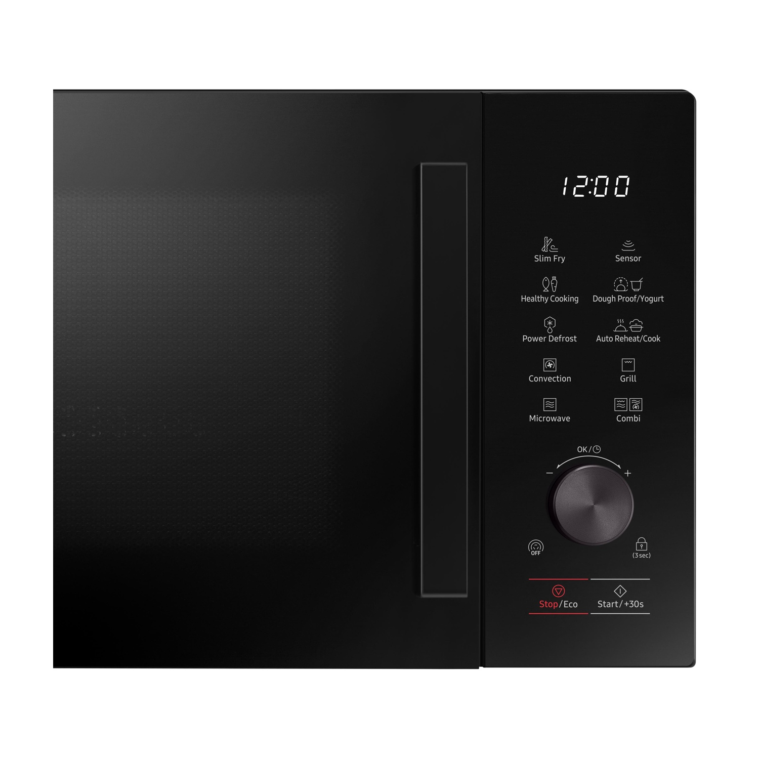 Un forno a microonde nero con un display digitale che mostra l'ora e varie opzioni di cottura.