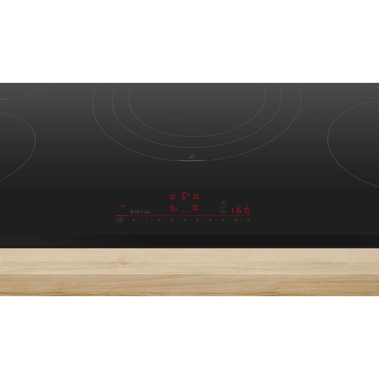Piano cottura elettrico nero con cifre rosse illuminate e comandi touch, su superficie in legno.