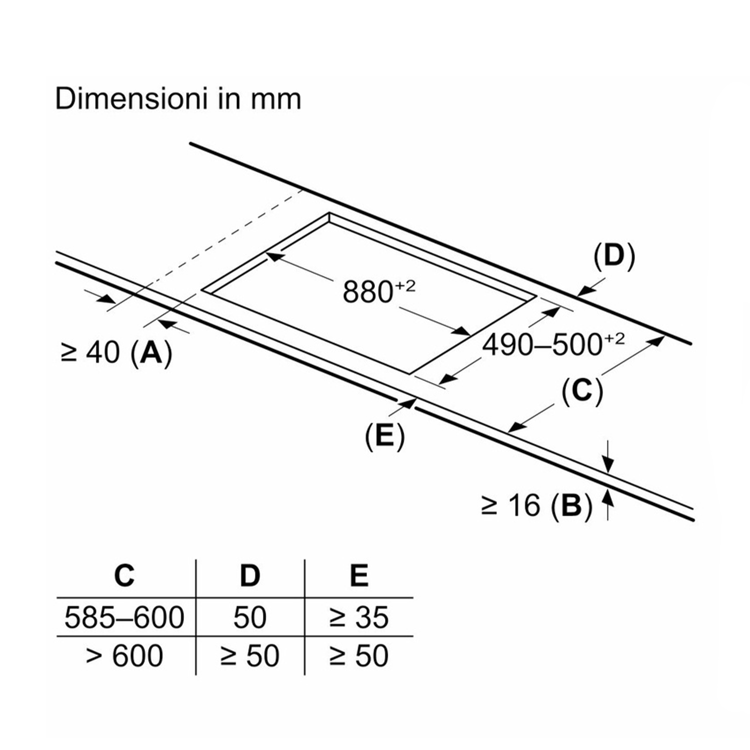 Diagramma con le dimensioni di un elettrodomestico da cucina ad incasso.