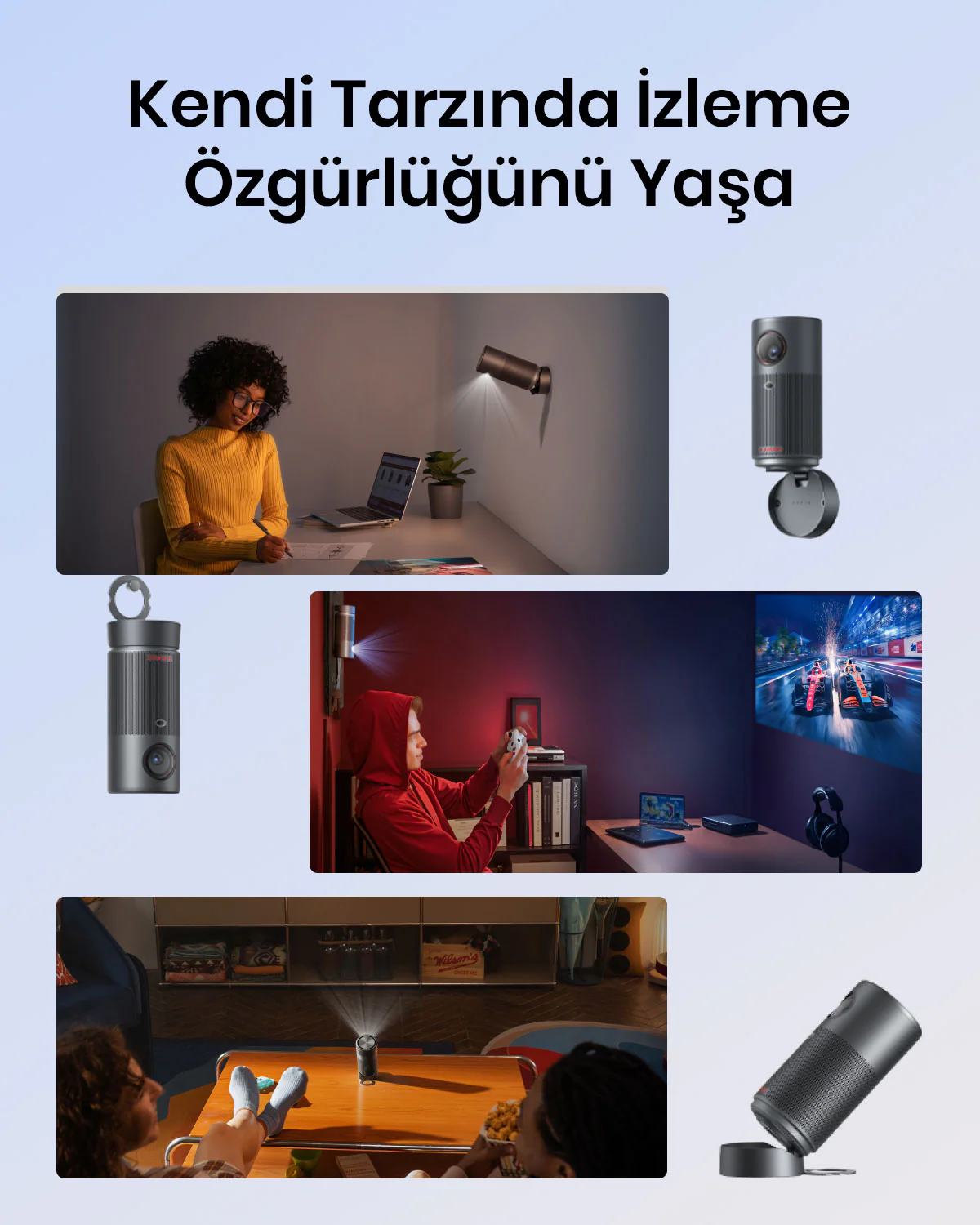 Portatif projektörün kullanımını gösteren çoklu görüntüler. İnsanlar film izliyor ve oyun oynuyor.