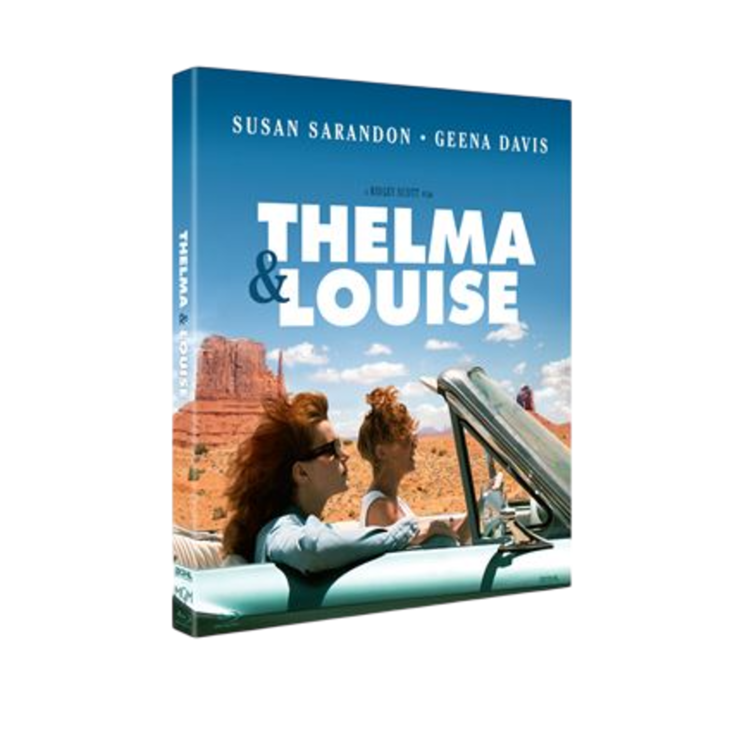 Couverture DVD de 'Thelma & Louise', avec deux femmes dans une voiture, paysage désertique en arrière-plan.