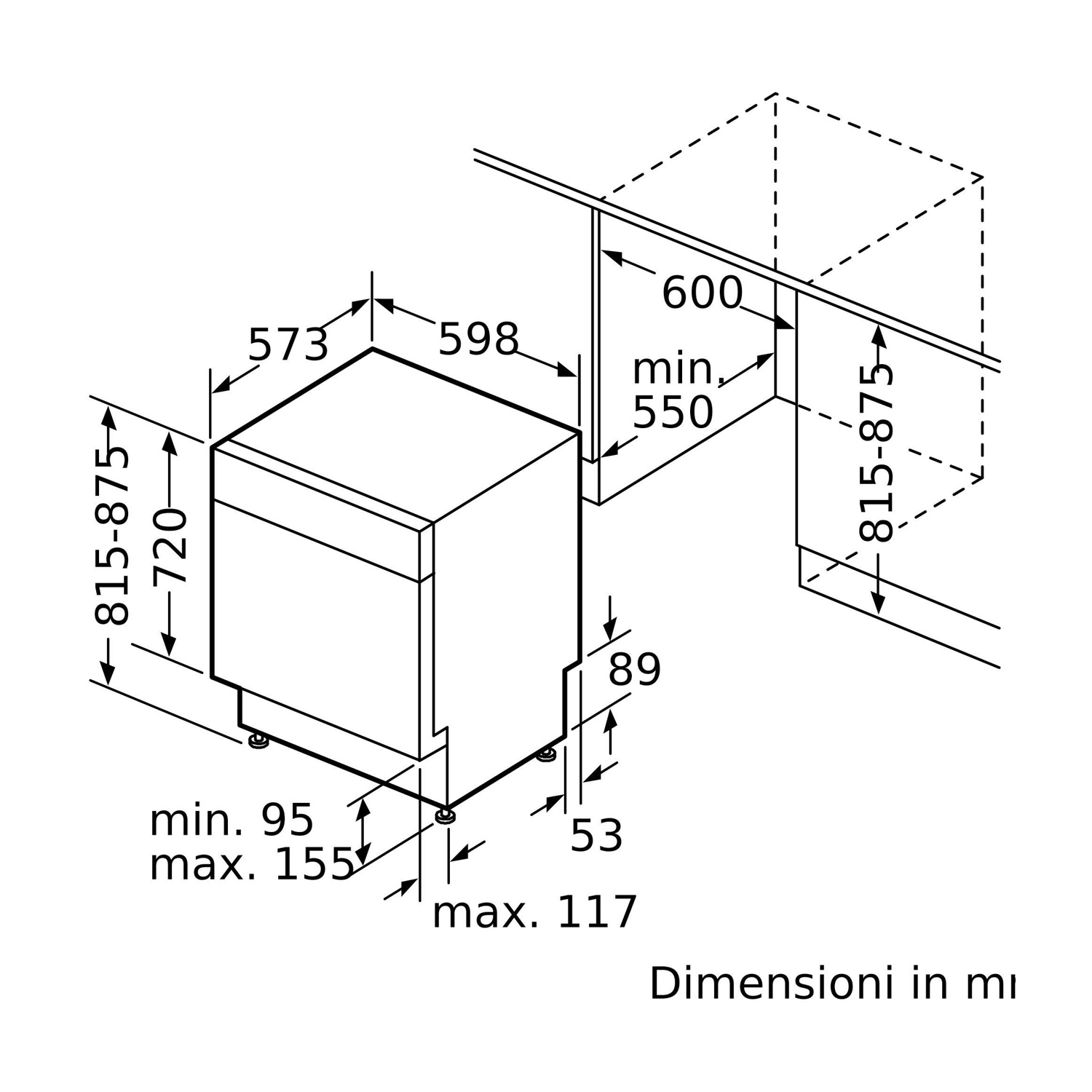 Diagramma di una lavastoviglie con misure, che mostra le dimensioni e i dettagli di installazione.
