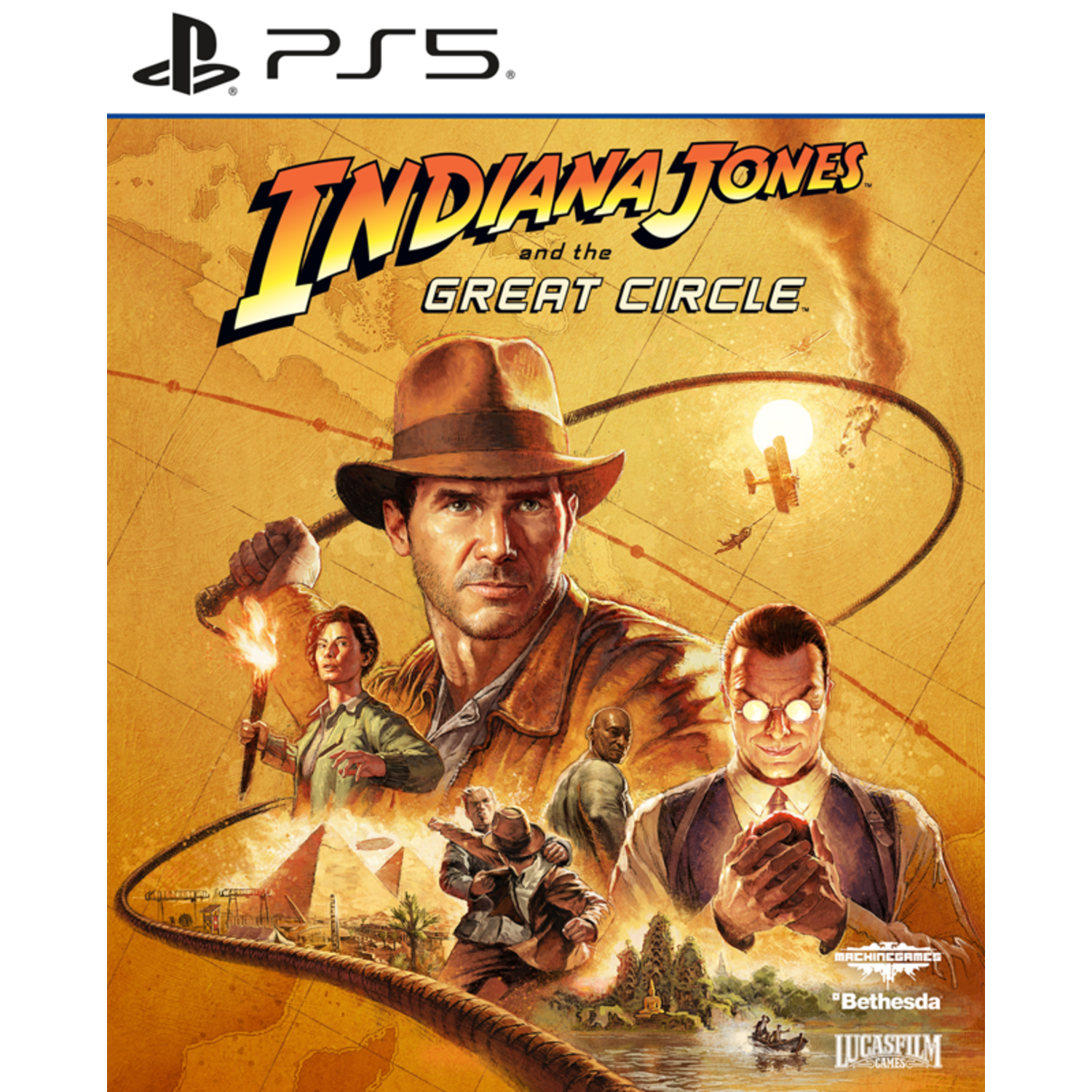 Indiana Jones game cover: Indy, hat, holding torch. Pyramid background. Other characters in the background. PS5 logo.