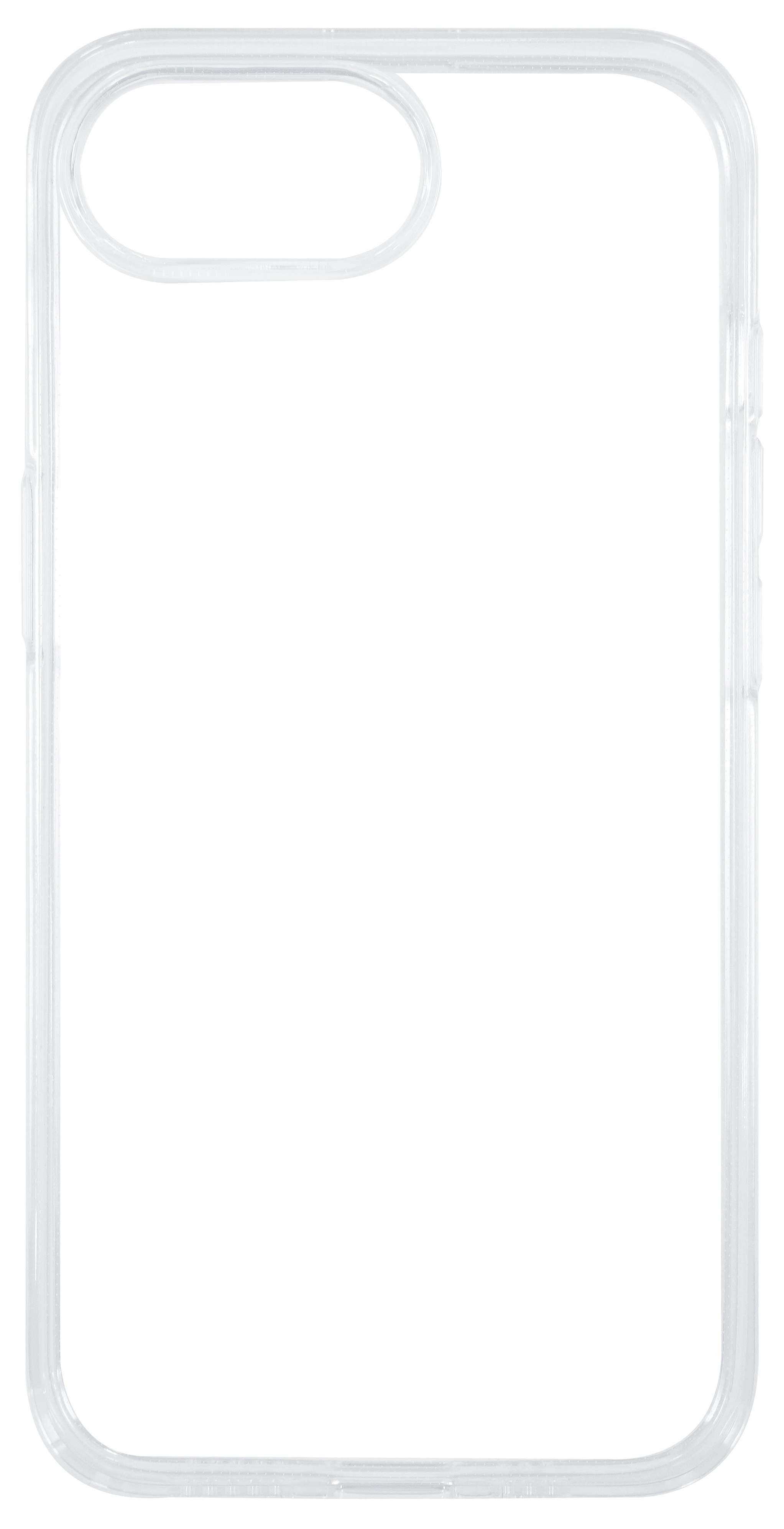 Transparente Handyhülle auf weißem Hintergrund. Die Hülle ist transparent mit Knopfausschnitten.
