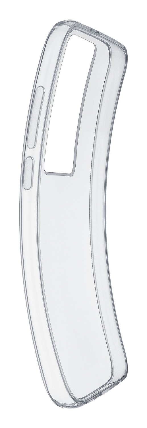 Una funda transparente y clara para teléfono. Es curva y está diseñada para un teléfono.