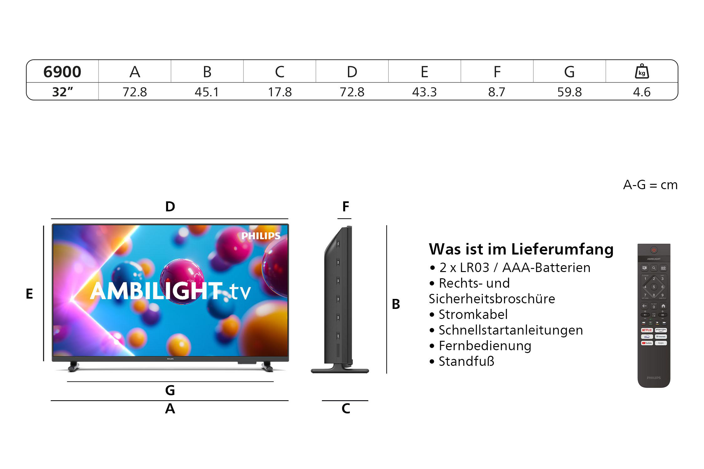 Ein Fernseher mit Abmessungen und Fernbedienung, zeigt Produktdetails.