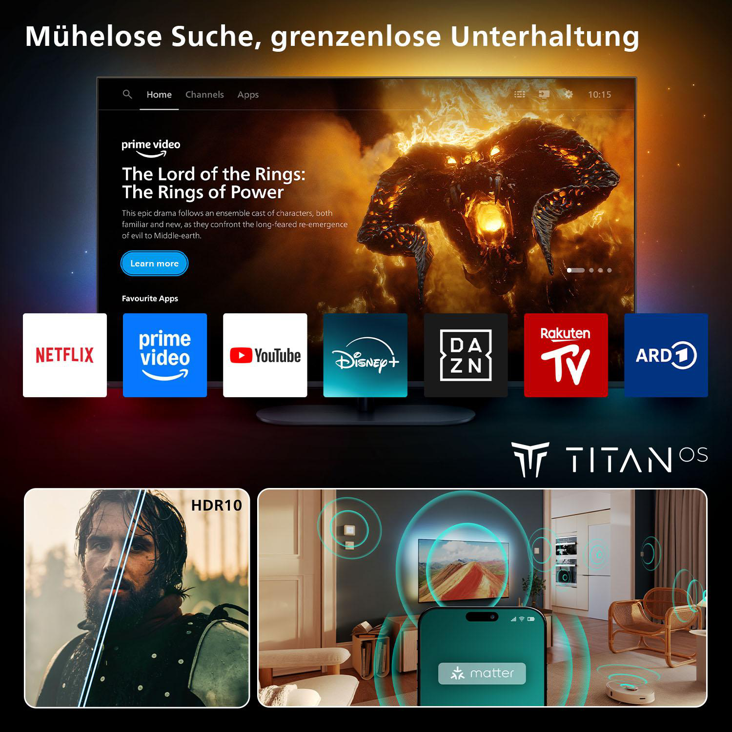 Smart-TV, der eine Filmszene mit App-Symbolen und einer Handydarstellung zeigt.