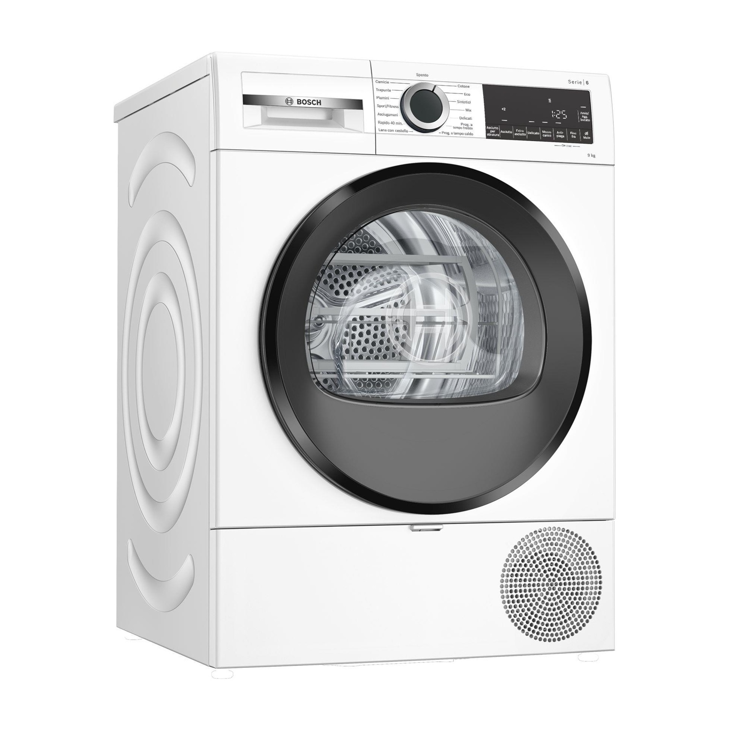 Asciugatrice bianca con porta nera e pannello comandi. Su sfondo bianco.