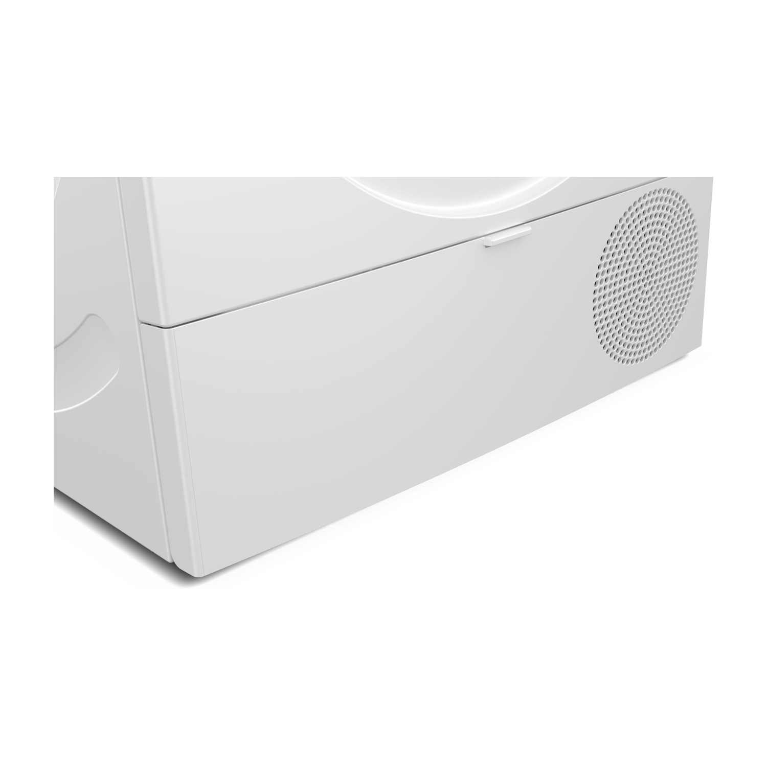Elettrodomestico bianco, probabilmente un'asciugatrice. Porta con maniglia, con ventilazione rotonda.