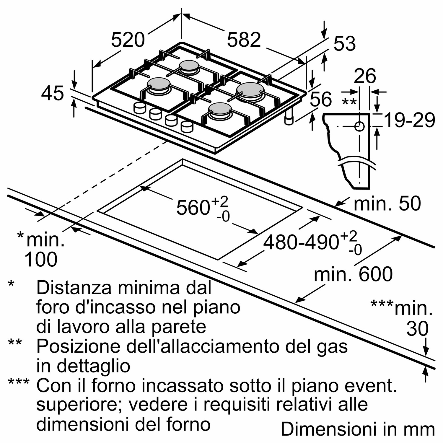 Schema di un piano cottura a gas con dimensioni e dettagli tecnici.
