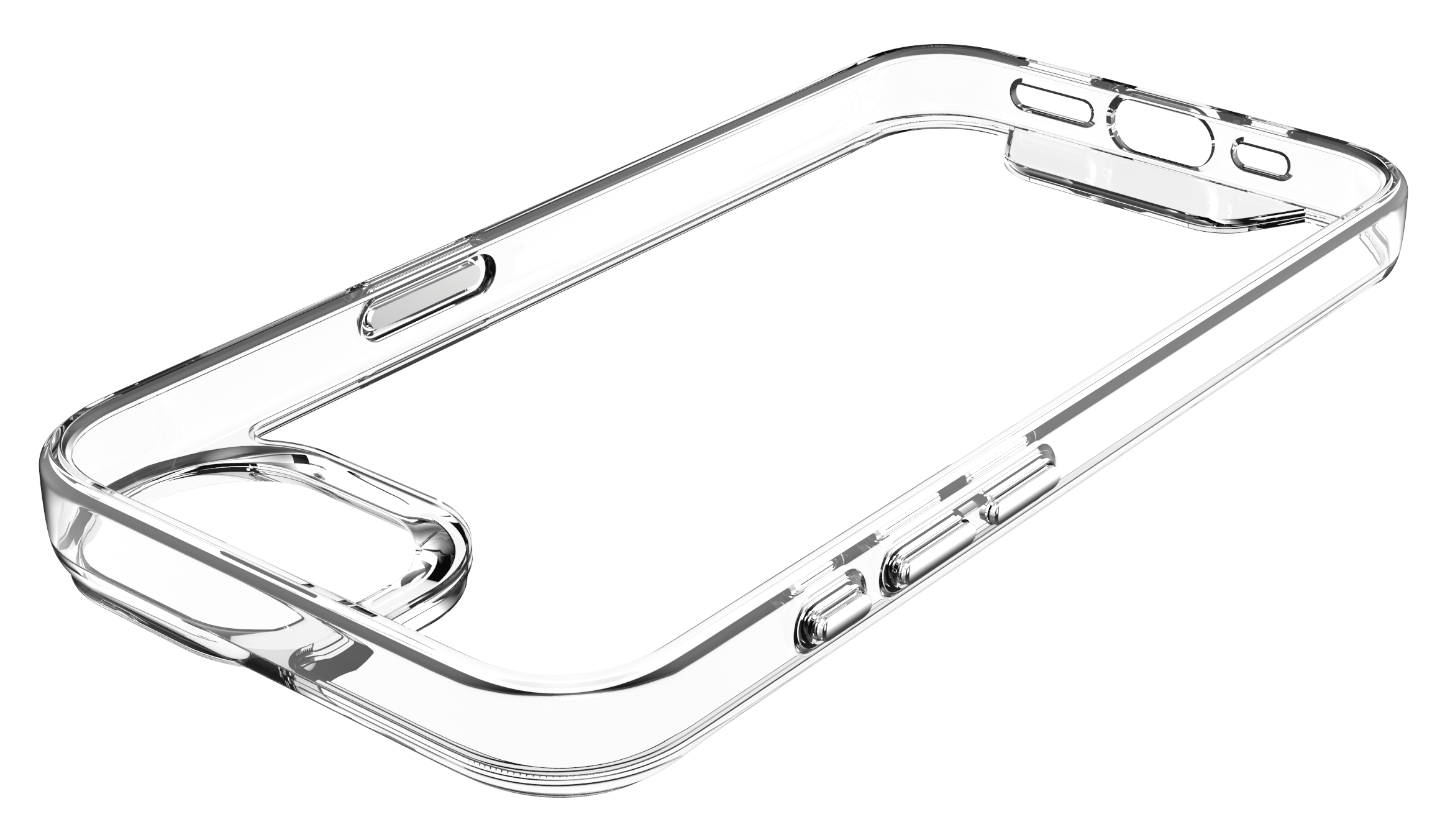 Eine klare, transparente Handyhülle, die die Form und Aussparungen für Tasten und Kamera zeigt.