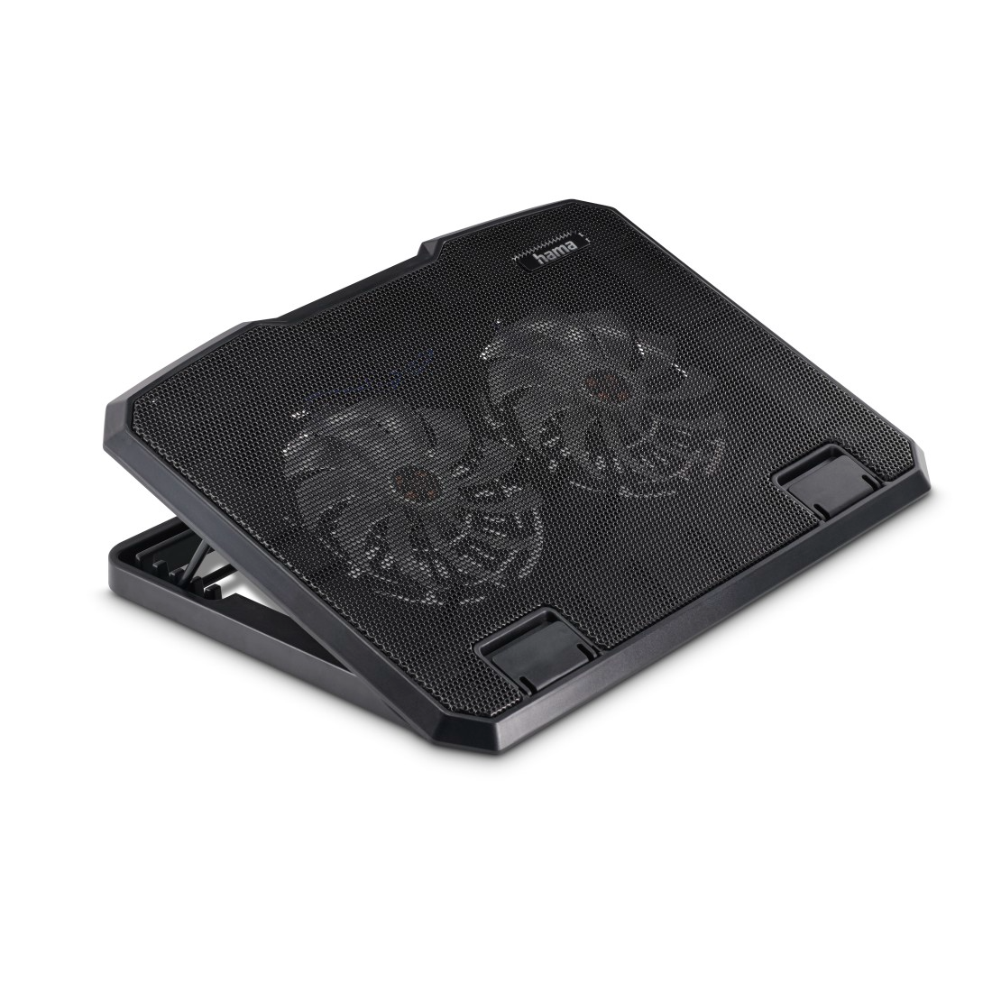 Fekete laptop hűtőpad két ventilátorral, állítható állvánnyal és Hama logóval.
