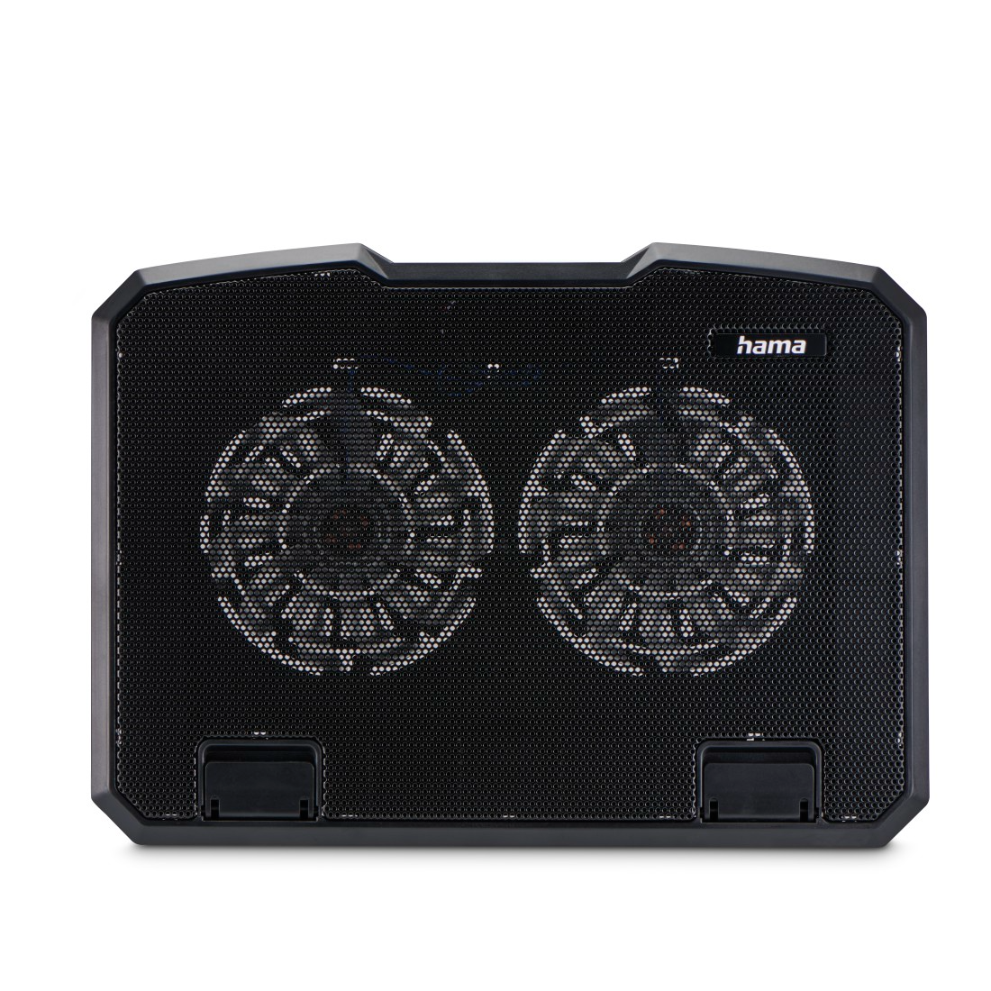 Fekete laptop hűtőpad két ventilátorral. A pad hálós felülettel rendelkezik.