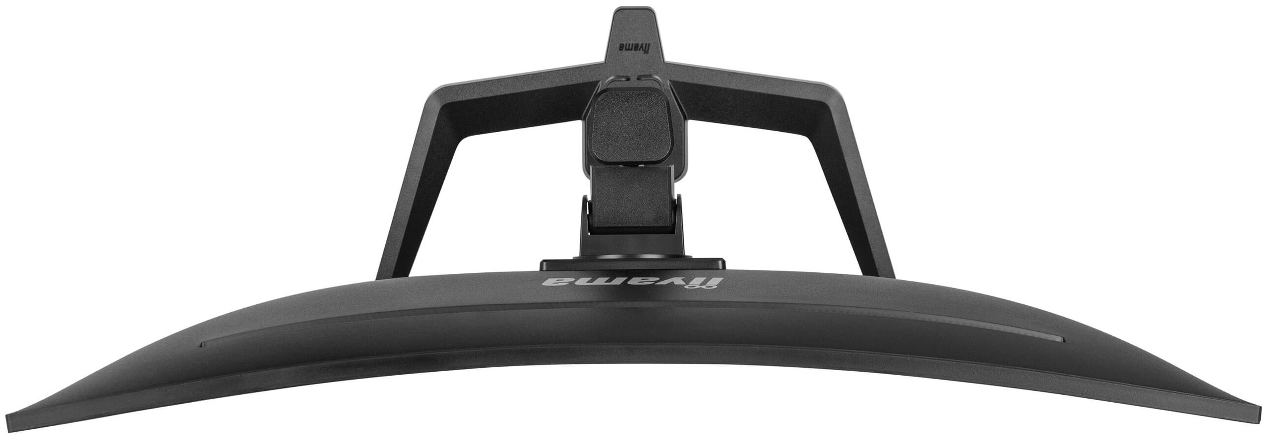 Czarny zakrzywiony stojak na monitor. Ma zakrzywioną podstawę i wspiera monitor w widoku z góry.