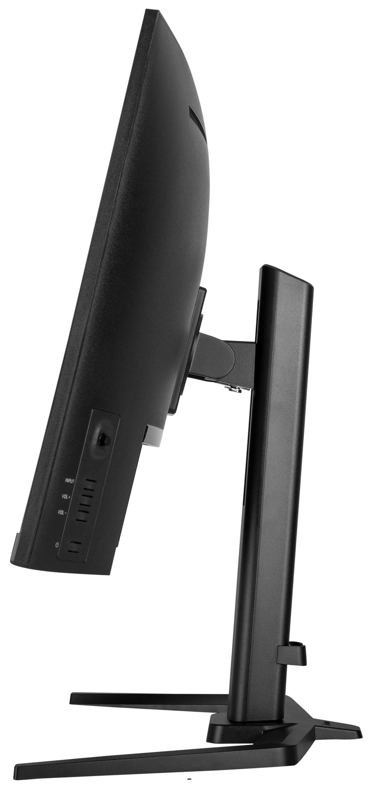 Widok z boku czarnego monitora ze stojakiem. Stojak jest również czarny.