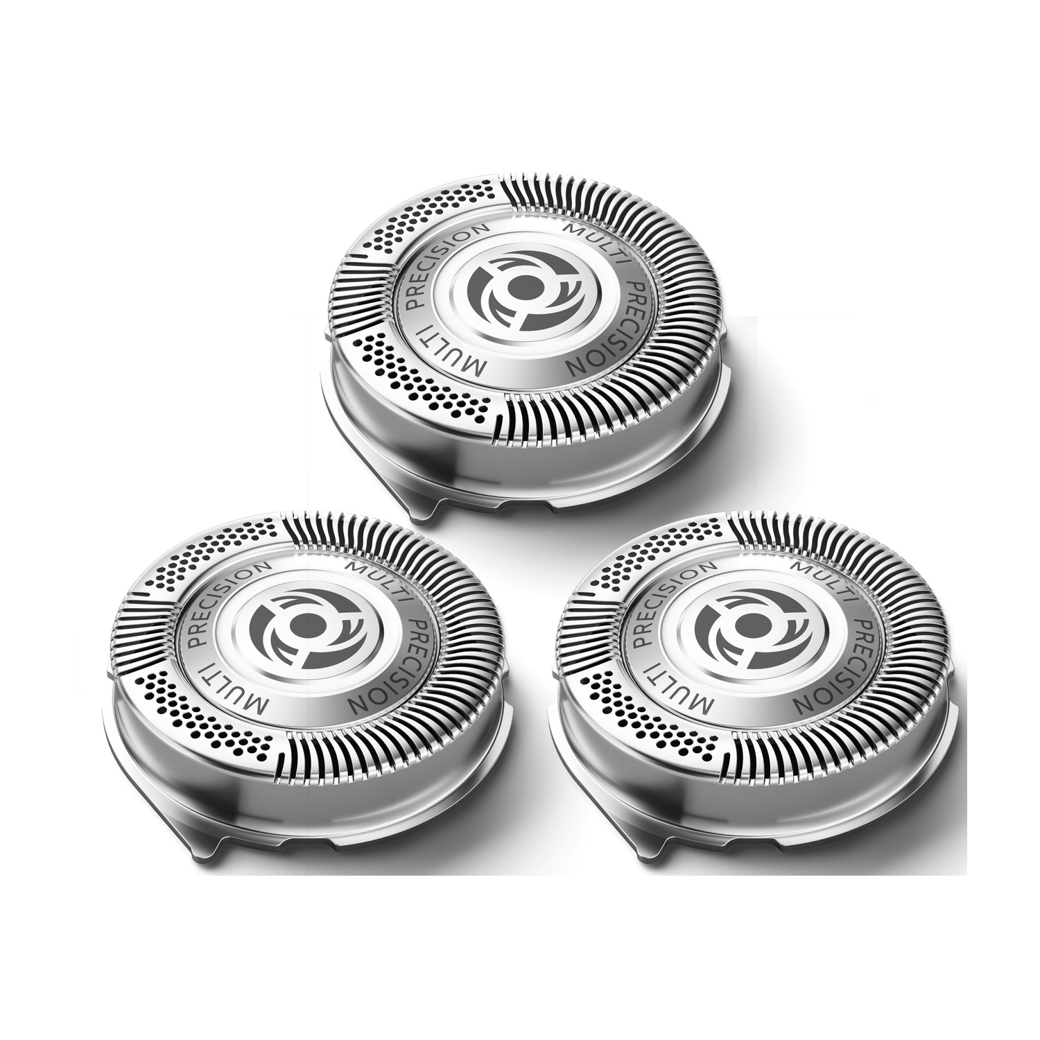 Tre testine argentate per rasoio, ciascuna con un design circolare e la scritta 'MULTI PRECISION'.