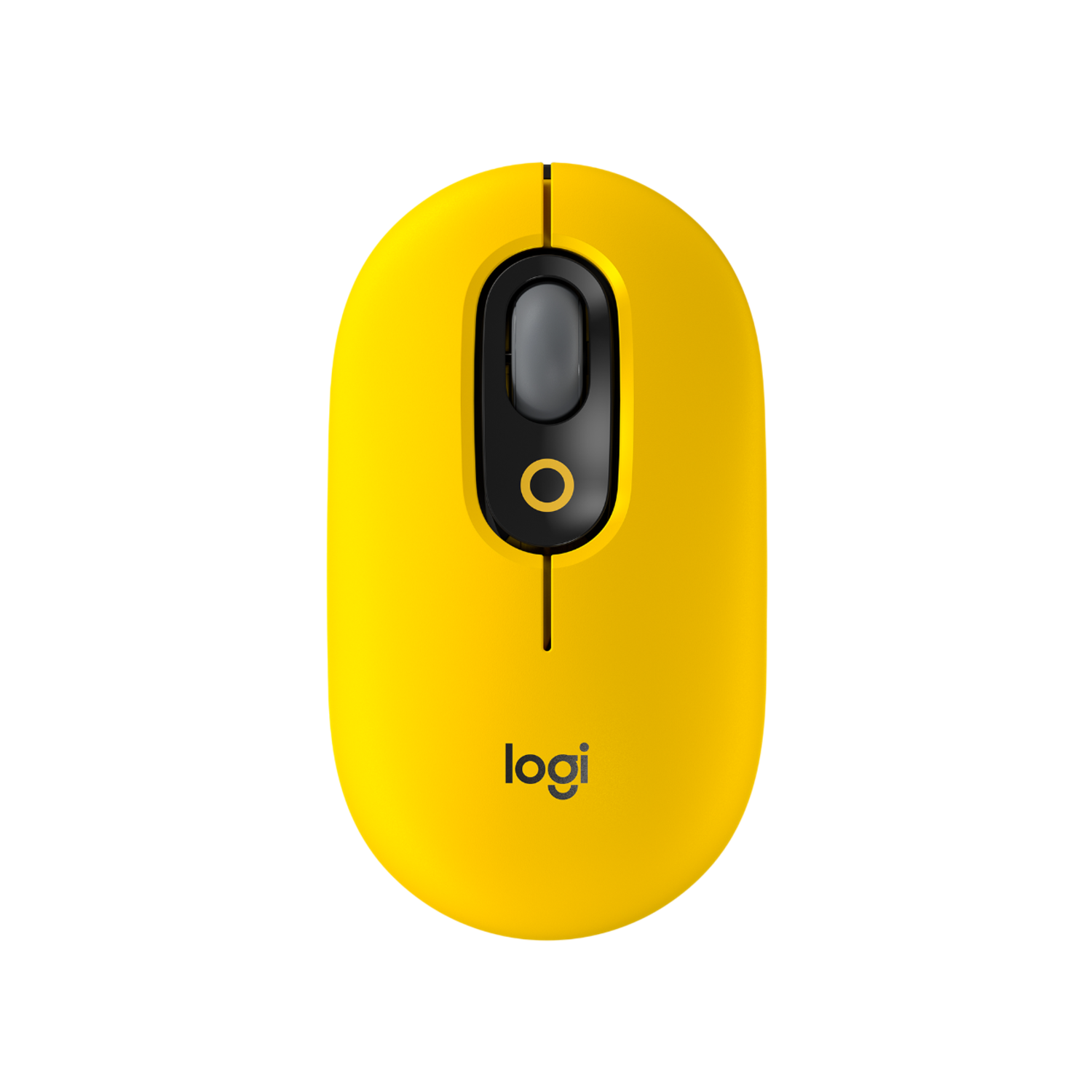 Een gele Logitech-muis op een zwarte achtergrond. Het heeft een zwart scrollwiel en een logo.