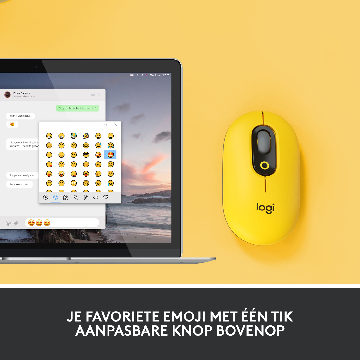 Een gele muis en een laptop staan in de afbeelding. De laptop toont emoji's. Tekst in het Nederlands.