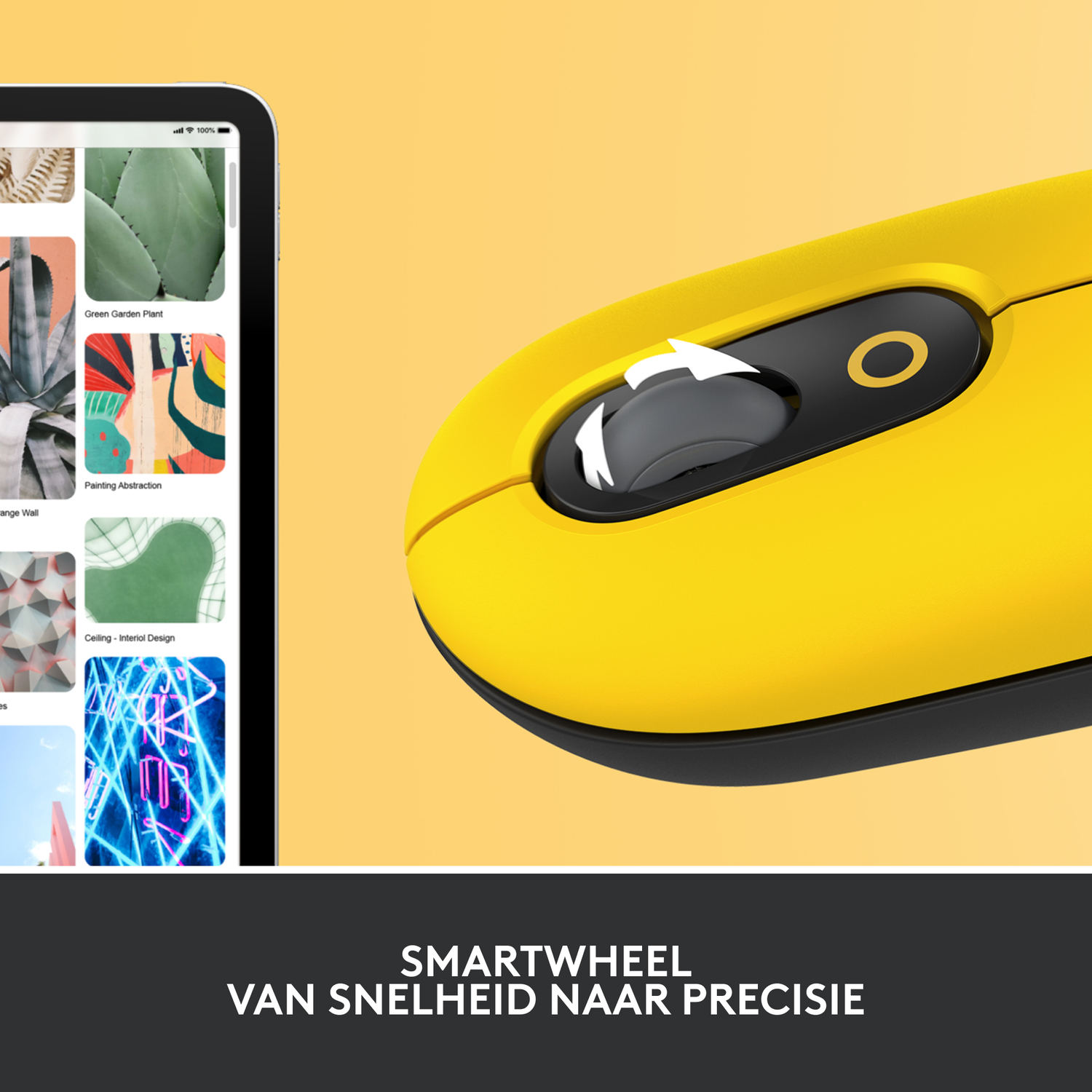Gele muis met zwart scrollwiel op geel en zwart oppervlak.