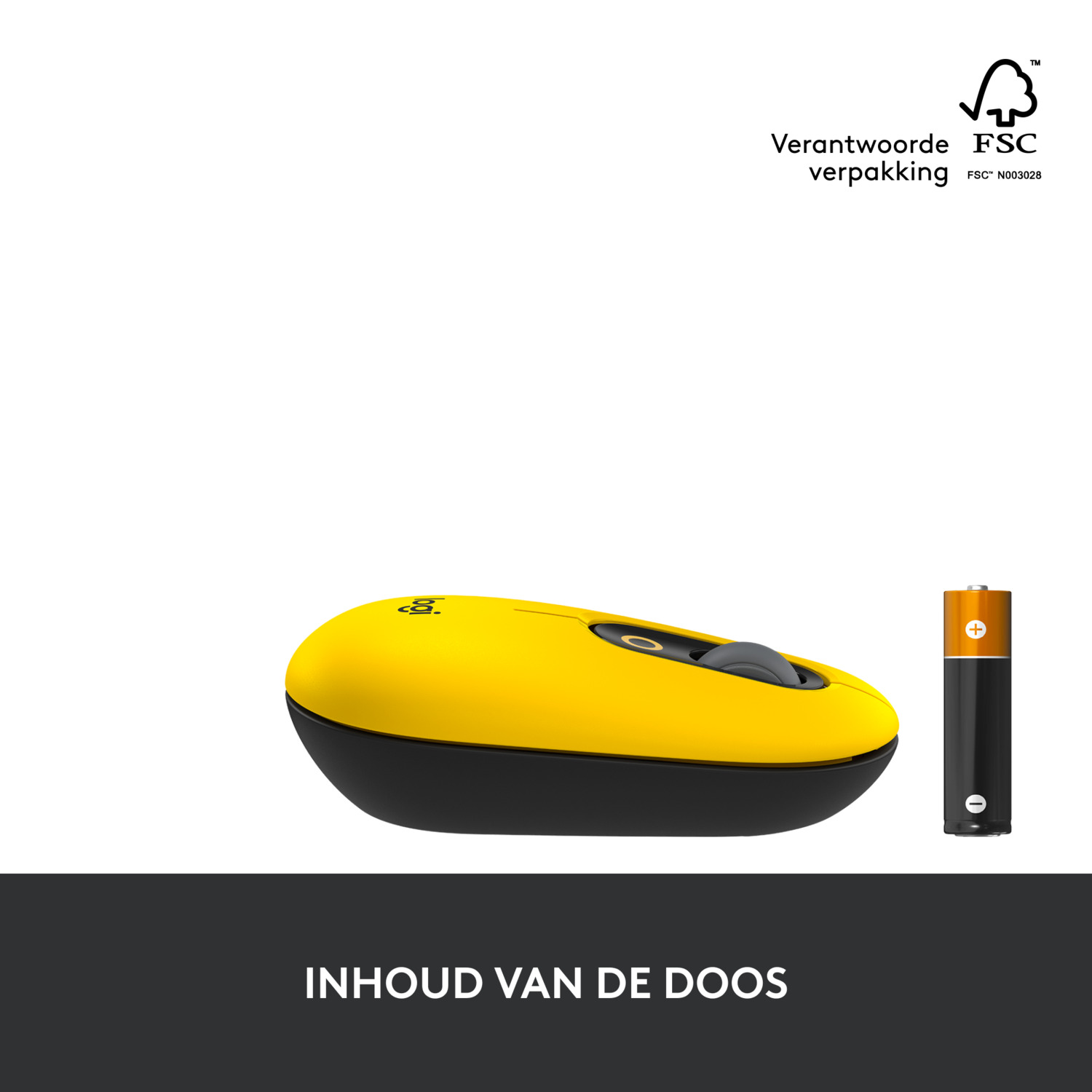 Gele en zwarte draadloze muis met een batterij en het label "Inhoud van de doos".