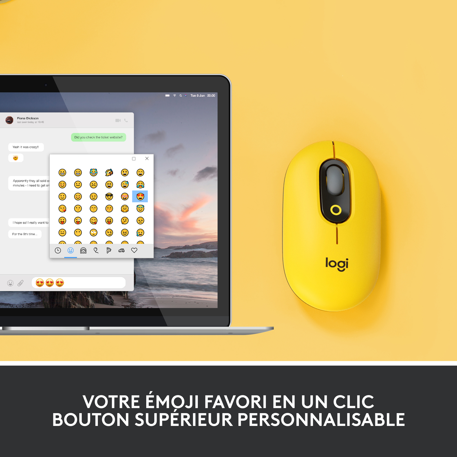 Souris d'ordinateur jaune, ordinateur portable avec chat et emojis affichés.