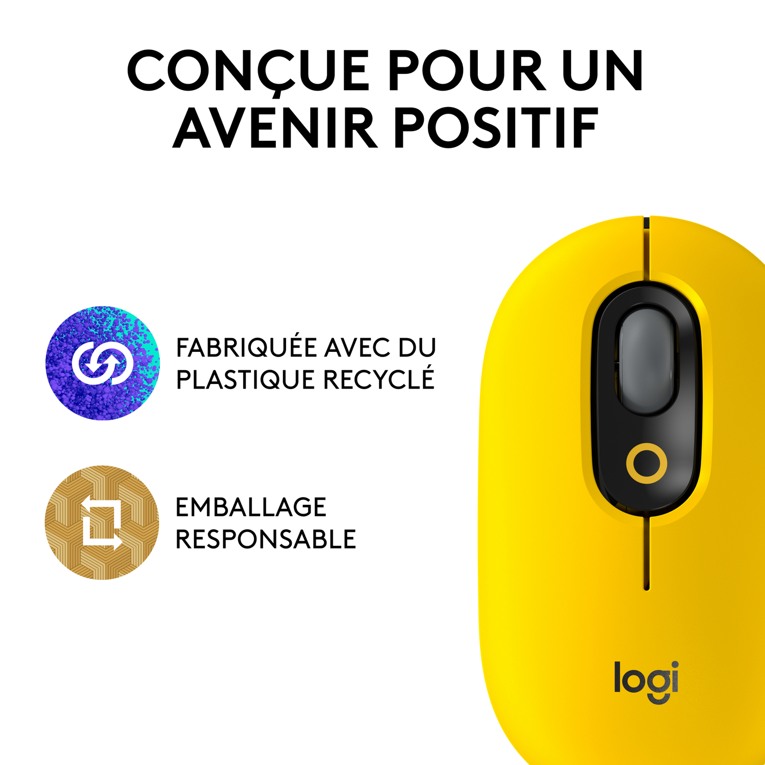 Souris Logitech jaune avec texte et icônes circulaires sur fond blanc.