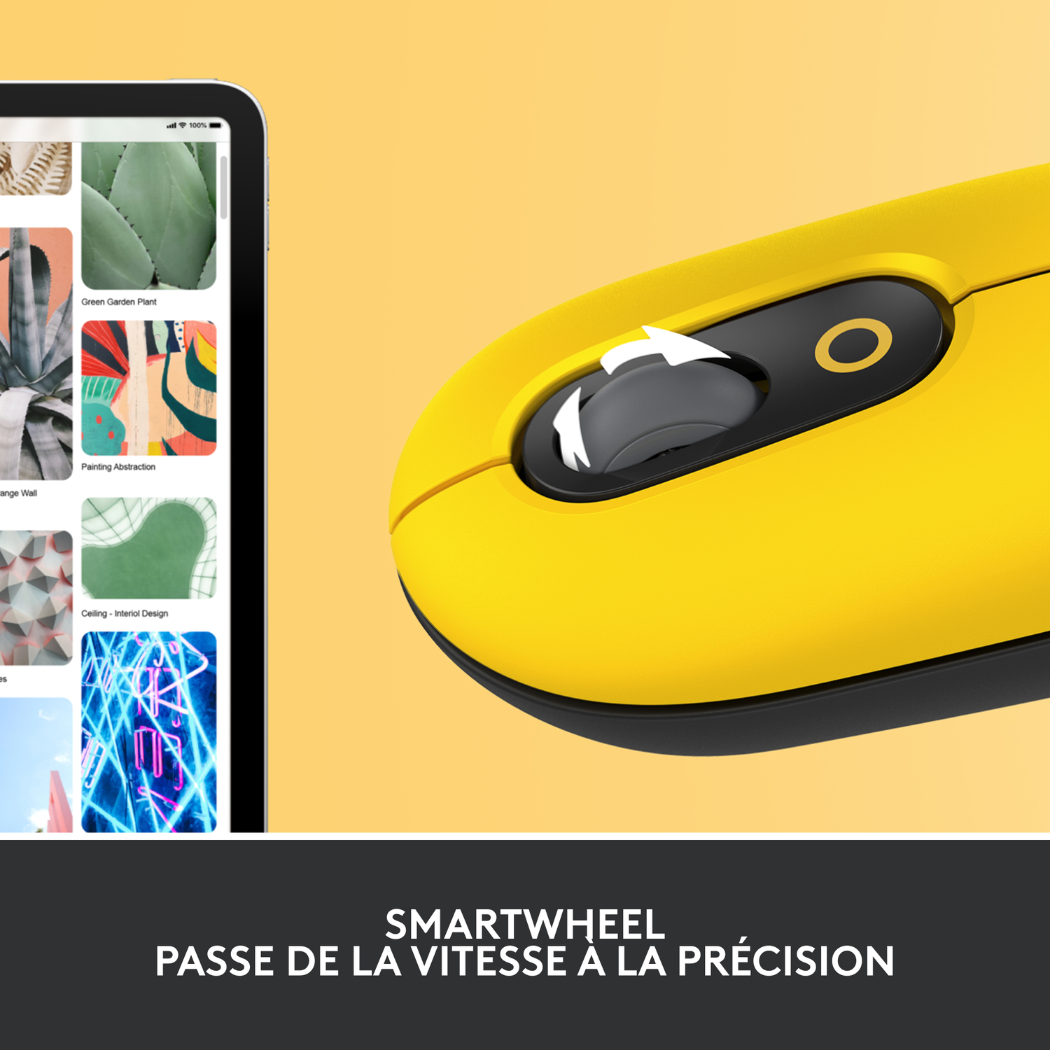 Souris jaune avec une molette de défilement, avec une tablette affichant des images.