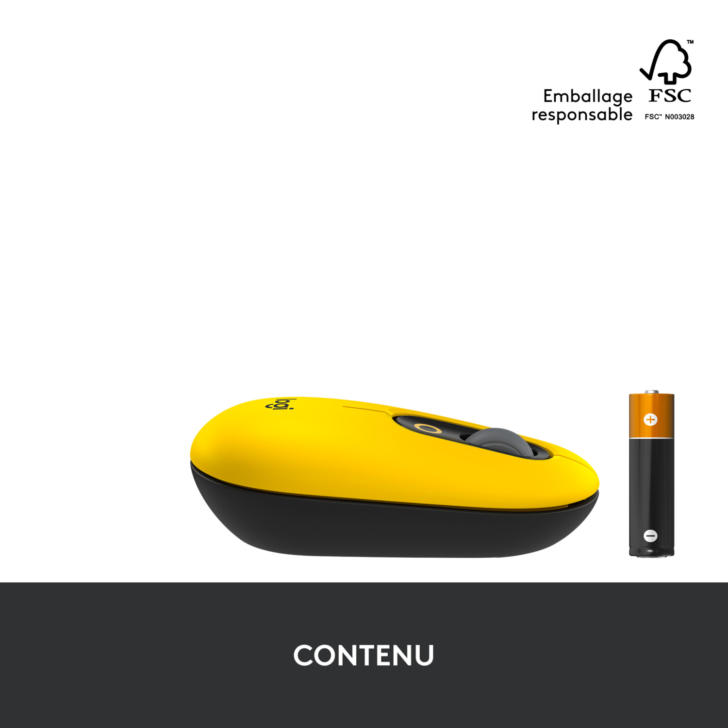 Souris jaune et noire avec une pile et le mot CONTENU.