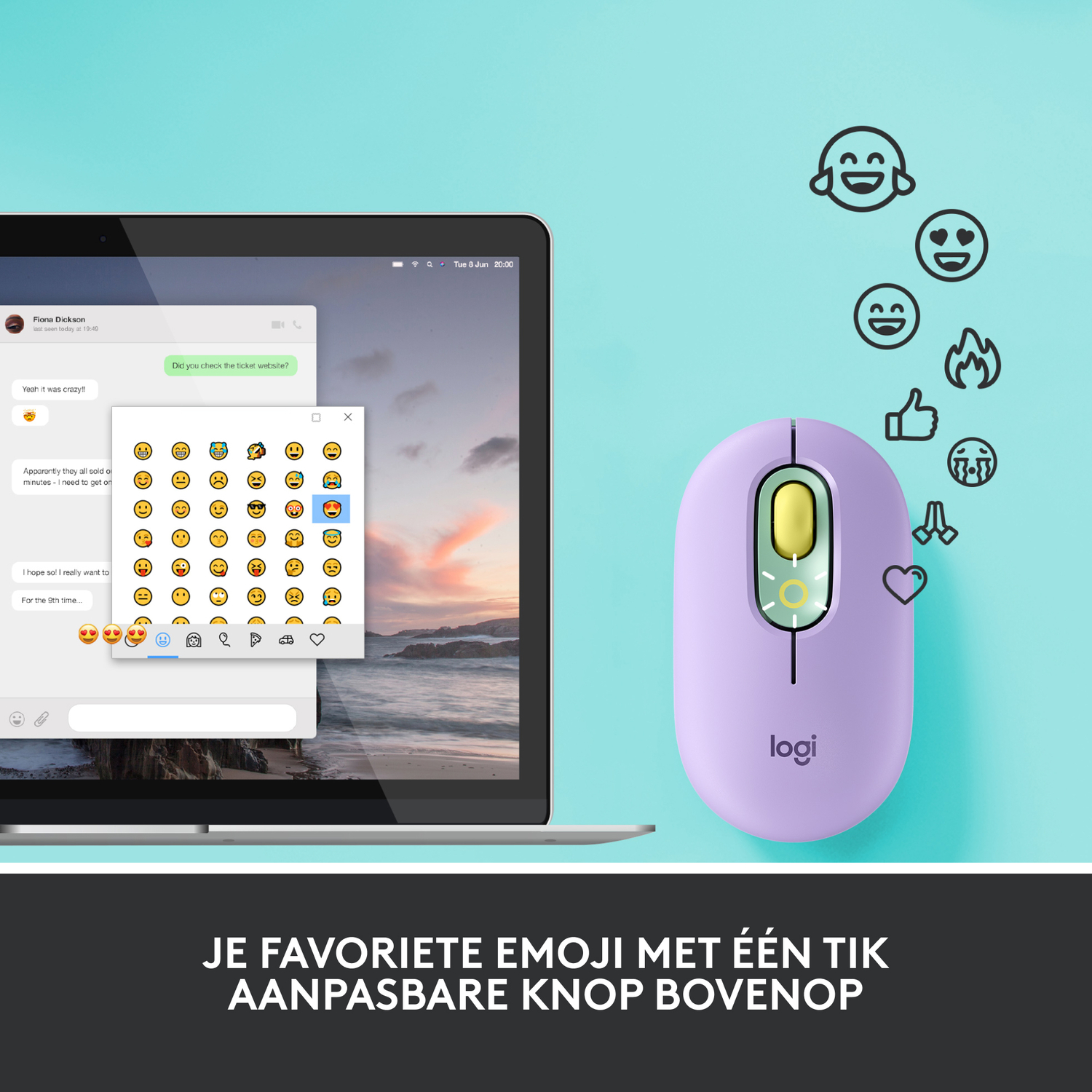 Laptopscherm met chat met emoji's. Een paarse muis met logo en emoji's.