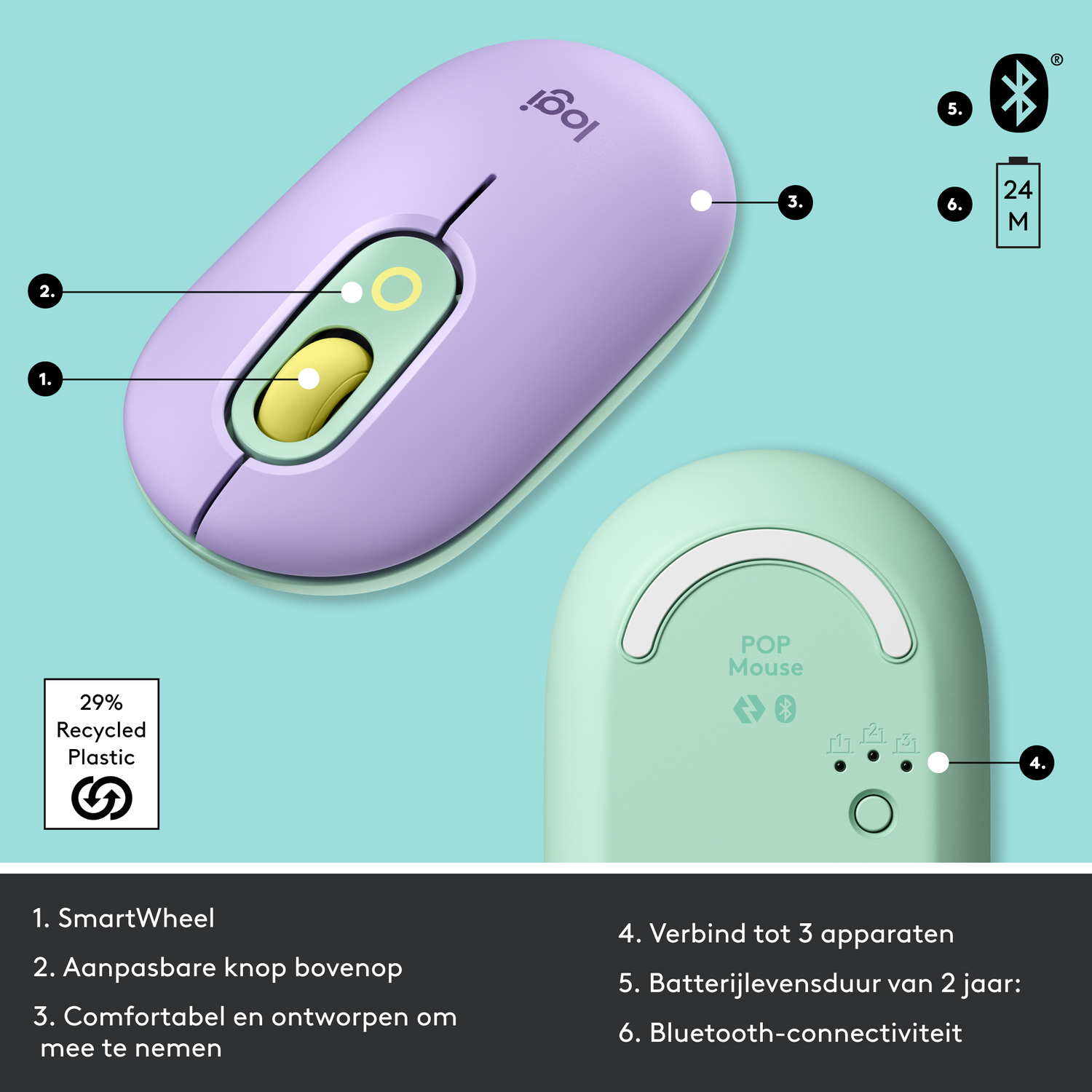 Donkergrijze Logitech-muis, die de bovenkant en een Bluetooth-symbool en USB-ontvanger toont.