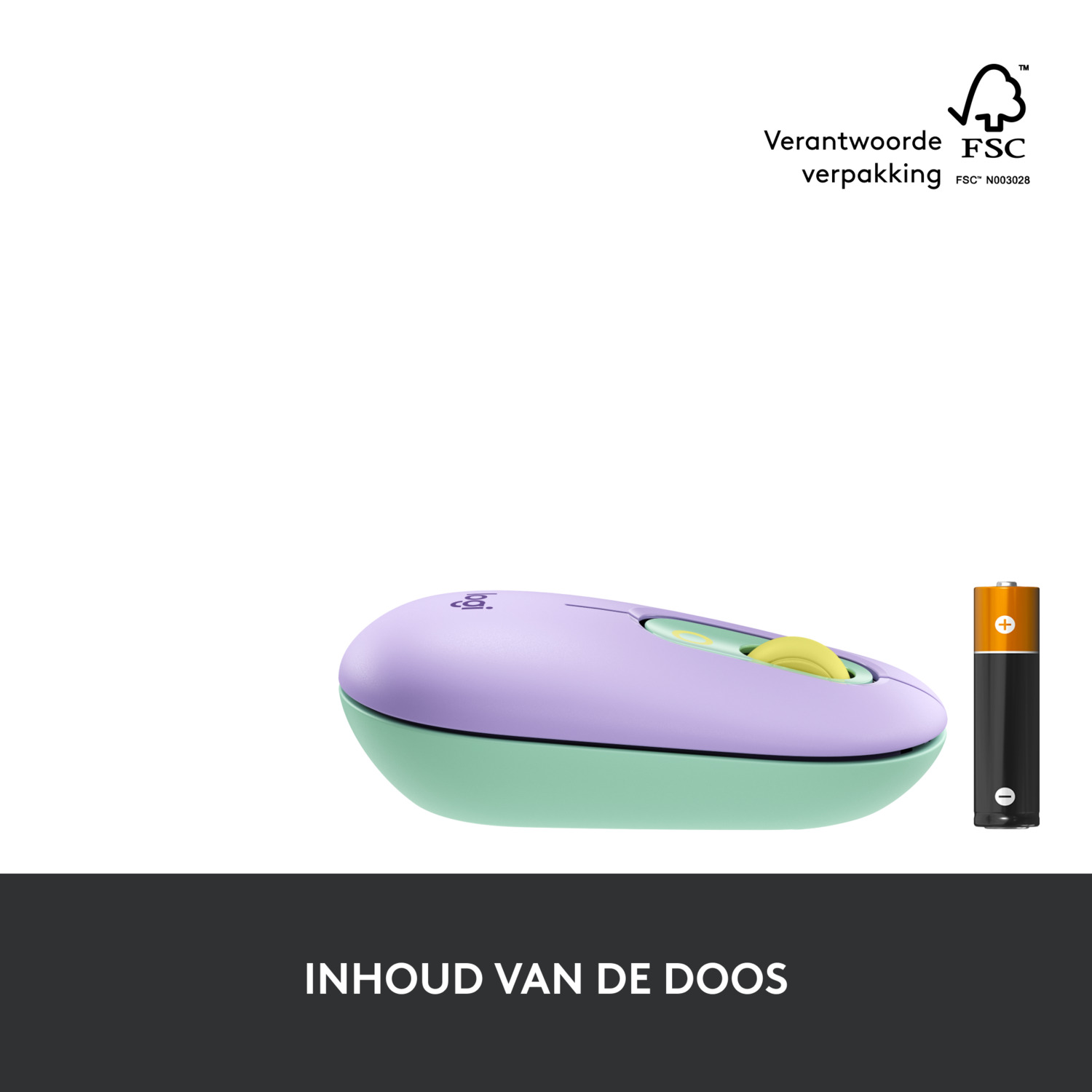Een paarse en groene muis met een batterij ernaast, en een FSC-logo.