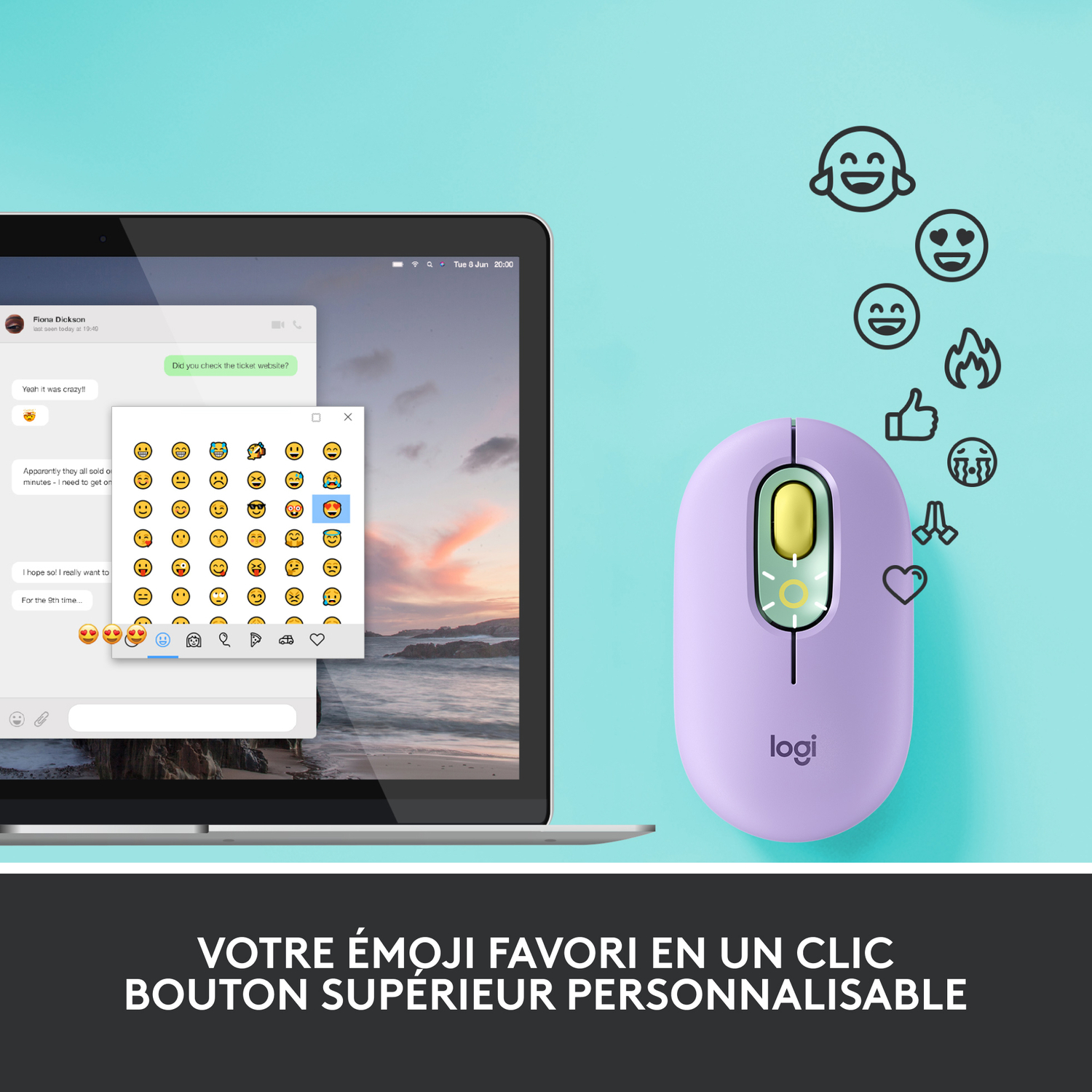 Un écran d'ordinateur portable montrant un clavier emoji, avec une souris Logitech violette.