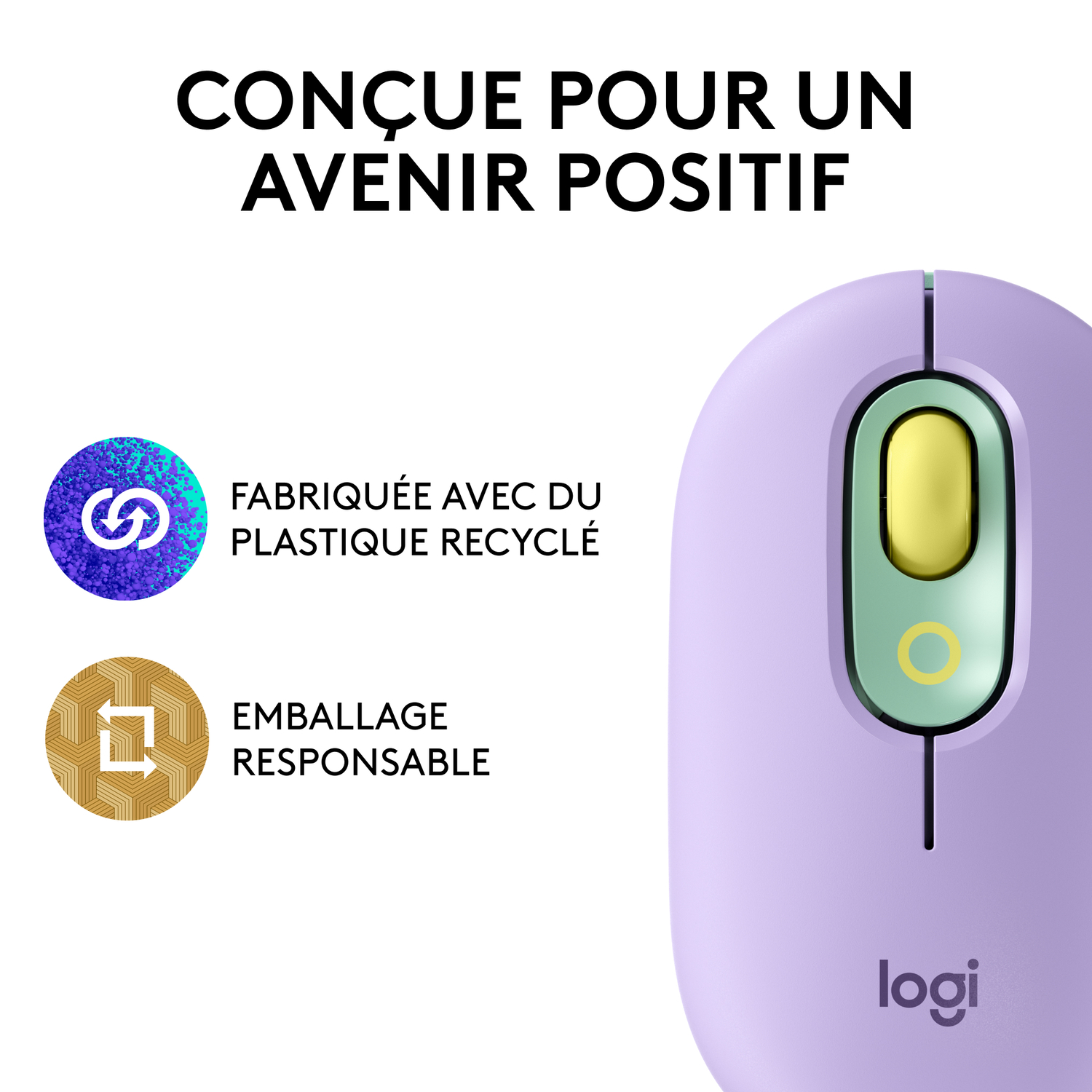 Une souris d'ordinateur violette avec une molette de défilement jaune, avec du texte sur le recyclage.