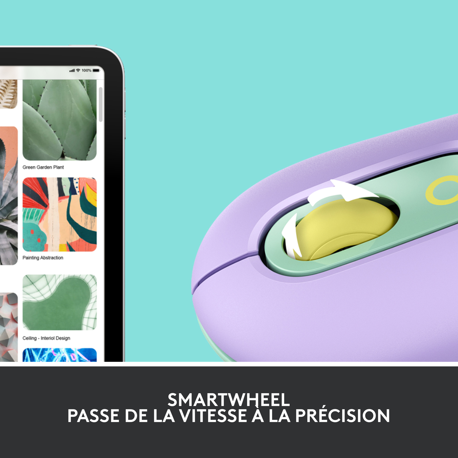 Souris avec une molette de défilement jaune et une tablette affichant des images de plantes et de design d'intérieur.