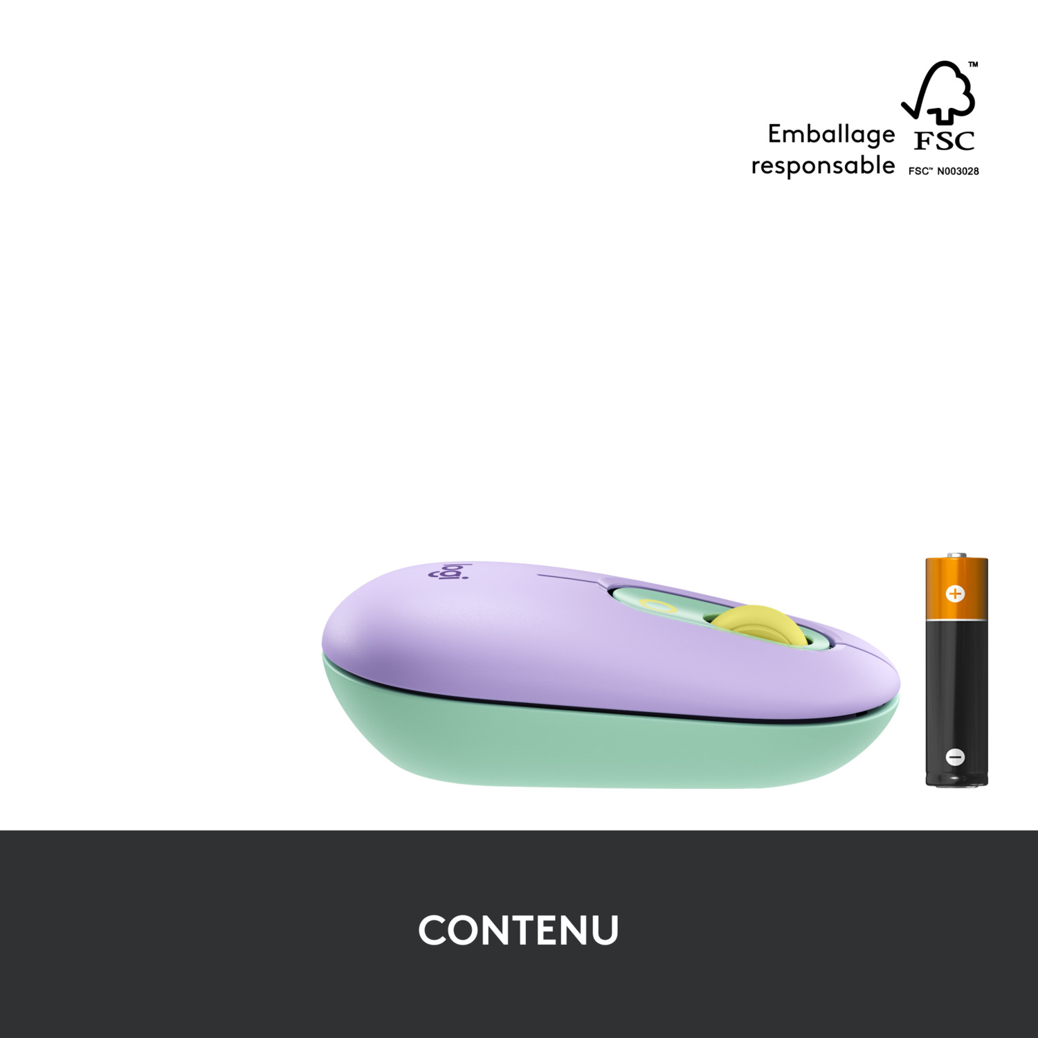 Une souris violette et verte avec une pile. La boîte est en haut avec les mots "CONTENU" en bas.