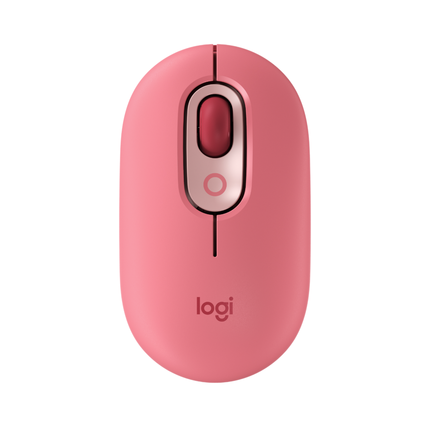Roze Logitech muis met een rood scrollwiel. Het logo is op de muis gedrukt.