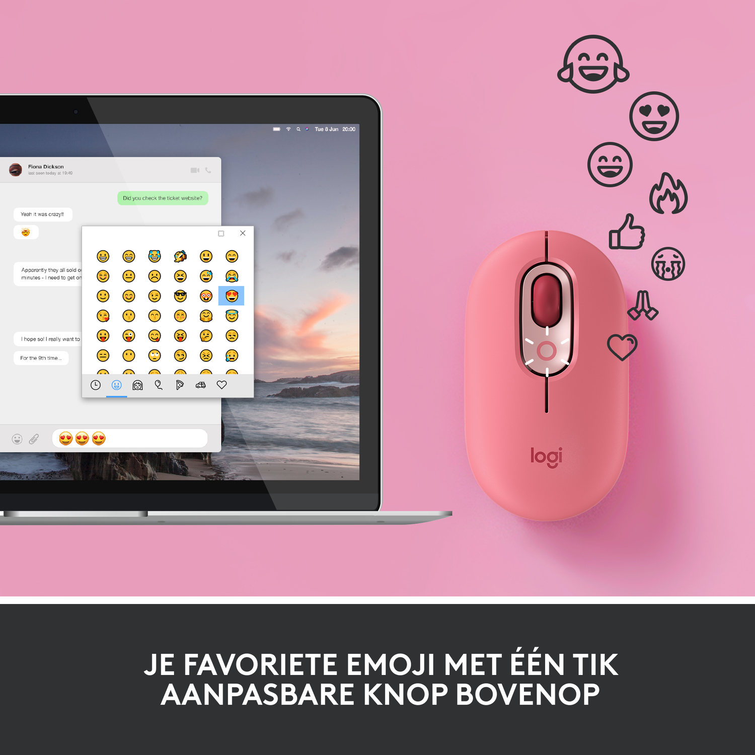 Roze muis naast een laptopscherm met een chat met emoji's. Roze achtergrond.